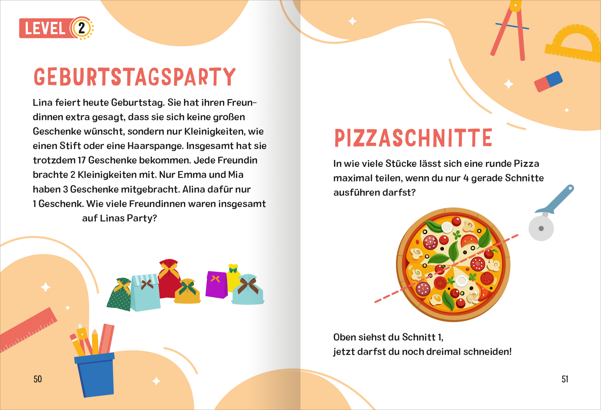 Gezeigt wird eine Innenansicht von „Science und Kids – Mathe-Rätsel“. Die Doppelseite ist hell gestaltet, mit einem weißen Hintergrund und farbigen grafischen Elementen. Auf der linken Seite steht „Geburtstagsparty“ in auffälliger roter Schrift. Neben einem kurzen Text sind bunte Geschenke in verschiedenen Formen abgebildet. Die rechte Seite zeigt das Thema „Pizzastücke“ in einem ebenso auffälligen, roten Titel. Darunter ist eine runde Pizza mit verschiedenen Belägen...