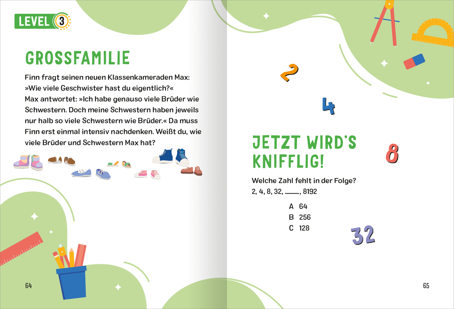 Gezeigt wird eine Innen- oder Zusatzansicht von „Science und Kids – Mathe-Rätsel“. Die Doppelseite ist in sanften Farbtönen gehalten, mit einem grünen Hintergrund und bunten Illustrationen von Schuhen und Arbeitsmaterialien. Die Überschrift „GROSSFAMILIE“ steht in großer, fetter Schrift und ist in einem frischen Farbton gestaltet. Der Text ist klar und gut lesbar, ergänzt durch anschauliche Zahlen und Aufgaben. Am rechten Rand ist die Frage „JETZT WIRD'S KNIFFLIG!“ in...