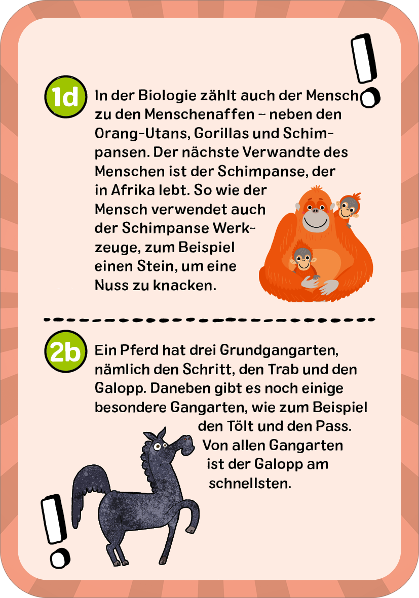 Gezeigt wird eine Innen- oder Zusatzansicht von „Das ultimative Wissens-Quiz“. Die Seite enthält zwei Fragen, die in Kästchen angeordnet sind. Die Farben sind überwiegend sanft, mit einem hellen Hintergrund und bunten Akzenten. Die Typografie ist klar und gut lesbar, mit großen, abgerundeten Zahlen zu Beginn jeder Frage. Illustrationen zeigen einen Orang-Utan mit zwei kleinen Affen und ein stilisiertes Pferd, die zur anschaulichen Unterstützung der Inhalte dienen.