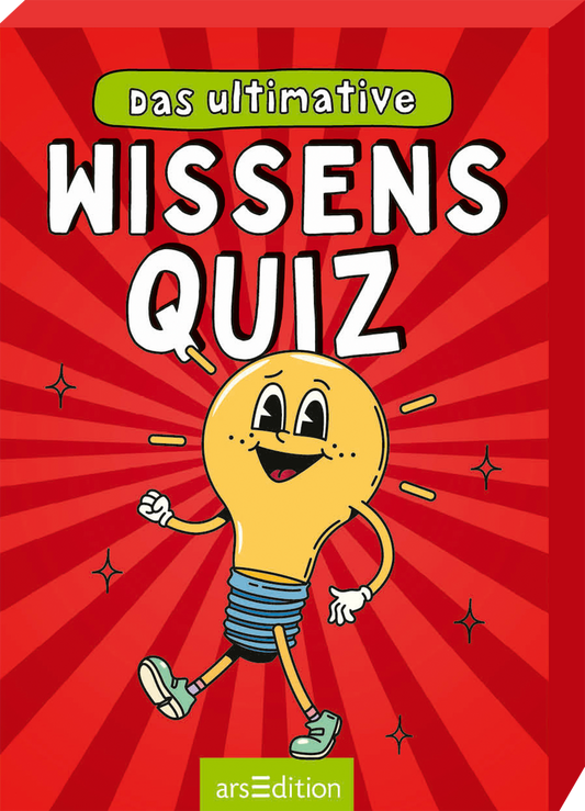 Das Cover zeigt eine fröhliche Glühbirne mit einem breiten Lächeln und einer blauen Schraube, die auf rotem, strahlenförmigem Hintergrund steht. Der Titel „das ultimative WISSENS QUIZ“ ist in großen, weißen Buchstaben oben auf dem Cover platziert. Die Atmosphäre ist verspielt und einladend, ideal für ein Quizbuch. Ganz unten mittig steht der Logoschriftzug von arsEdition.