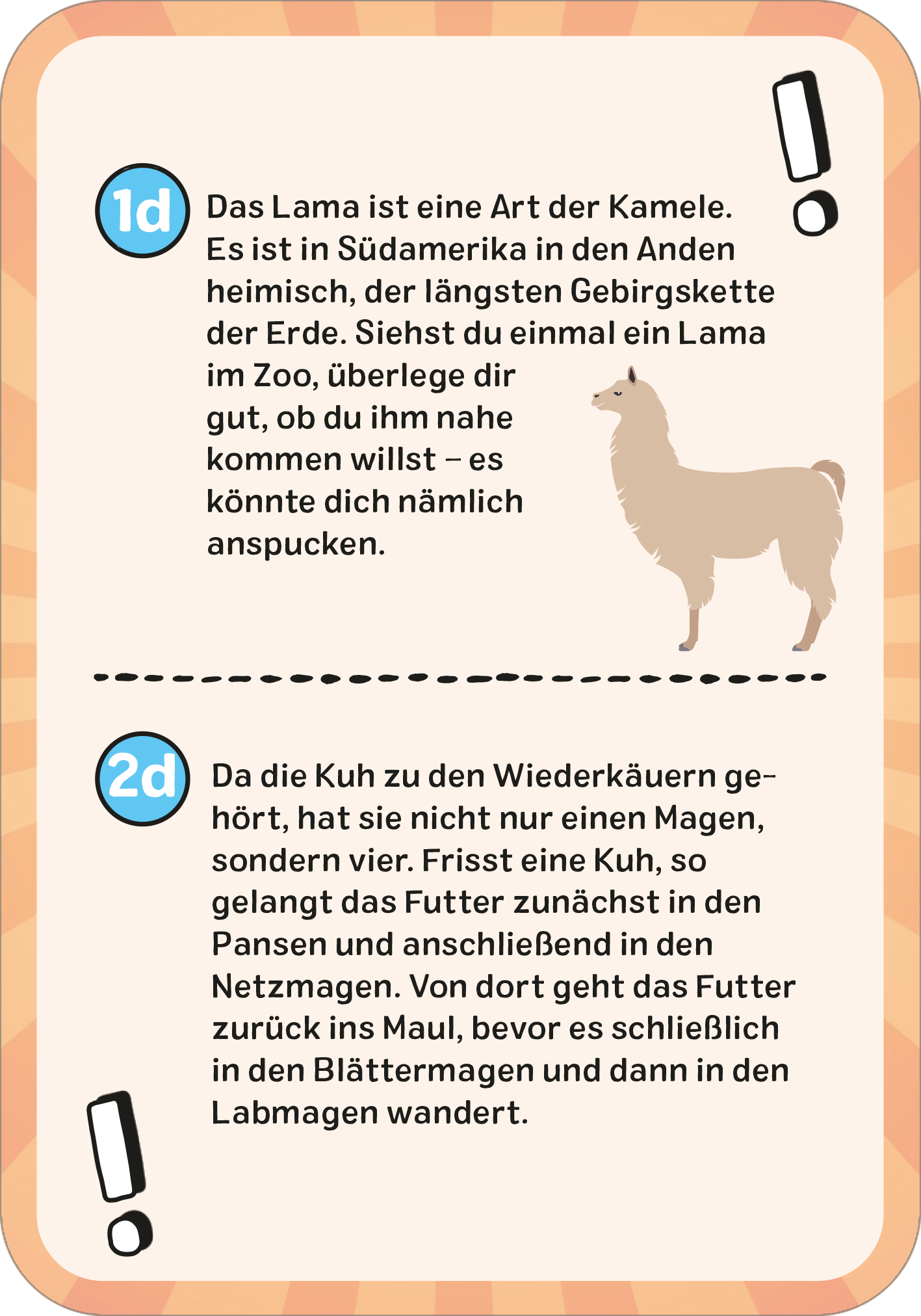 Gezeigt wird eine Innen- oder Zusatzansicht von „Das wilde Tier-Quiz“. Die Seite ist in einem hellen, orangefarbenen Hintergrund gestaltet und enthält zwei Informationskästen. Jeder Kasten ist durch eine grafische Umrandung hervorgehoben und zeigt eine Illustration eines Tieres neben einem Textblock. Die Schrift ist klar und gut lesbar, mit einer Mischung aus großen und kleinen Schriftarten. Wichtige Informationen sind durch Ausrufezeichen und fettgedruckte Schriftart gekennzeichnet.