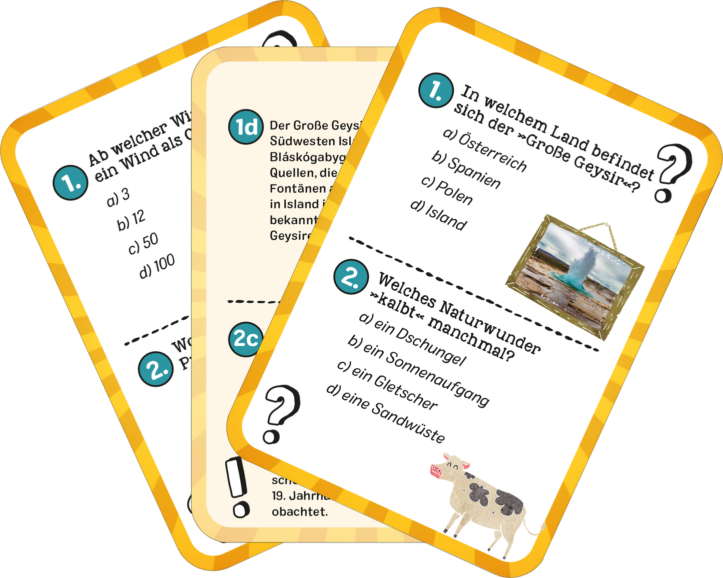 Gezeigt wird eine Innen- oder Zusatzansicht von „Das superstarke Erde-Quiz“. Die Ansicht zeigt mehrere Quizkarten mit einem bunten, kinderfreundlichen Design. Die Karten sind in lebhaftem Gelb und Weiß gehalten, mit klaren, großen Schriftzügen in einer gut lesbaren sans-serif Schriftart. Jede Karte enthält eine Frage und mehrere Antwortmöglichkeiten, die in blauen und schwarzen Buchstaben dargestellt sind. Illustrationen wie ein Geysir und eine Kuh ergänzen die visuellen Elemente und...