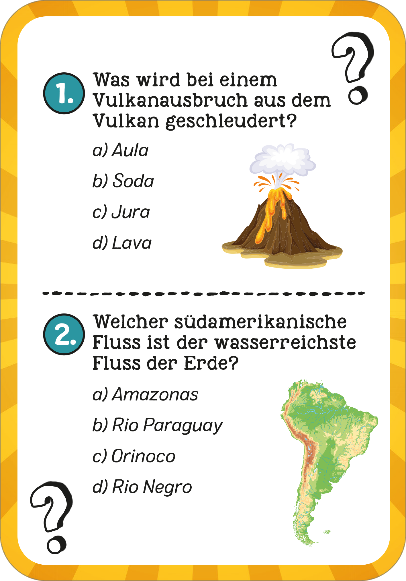 Gezeigt wird eine Innen- oder Zusatzansicht von „Das superstarke Erde-Quiz“. Die Seite präsentiert zwei Fragen in einem bunten Layout. Die Hintergrundfarbe ist gelb mit einem wabenartigen Muster. Frage 1 behandelt einen Vulkanausbruch und ist mit einer cartoonhaften Vulkanabbildung illustriert, während Frage 2 sich auf Flüsse Südamerikas bezieht und eine stilisierte Karte zeigt. Die Fragen sind in blauer Schriftart mit schwarzem Text hervorgehoben und die Antwortmöglichkeiten sind...