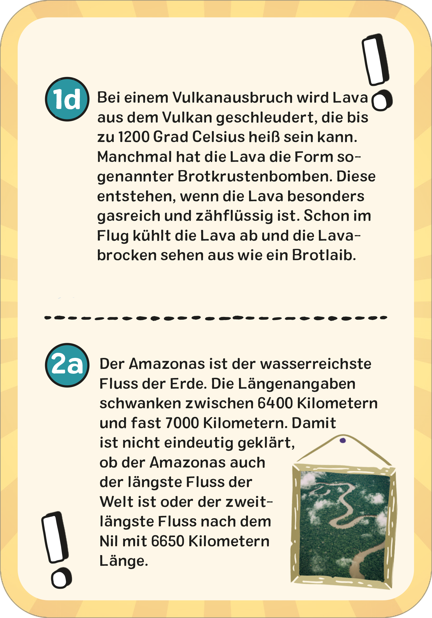 Gezeigt wird eine Innen- oder Zusatzansicht von „Das superstarke Erde-Quiz“. Die Darstellung umfasst zwei Textfelder auf einem hellen, gelb-orangefarbenen Hintergrund. Die Felder sind durch eine horizontale Linie getrennt. Jedes Feld enthält eine nummerierte Frage, die den Inhalt einführt. Links befindet sich ein Ausrufezeichen als grafisches Element, während rechts ein einfaches Symbol in Form eines Rahmens abgebildet ist. Die Schrift ist gut lesbar und in einem klaren, modernen Font...