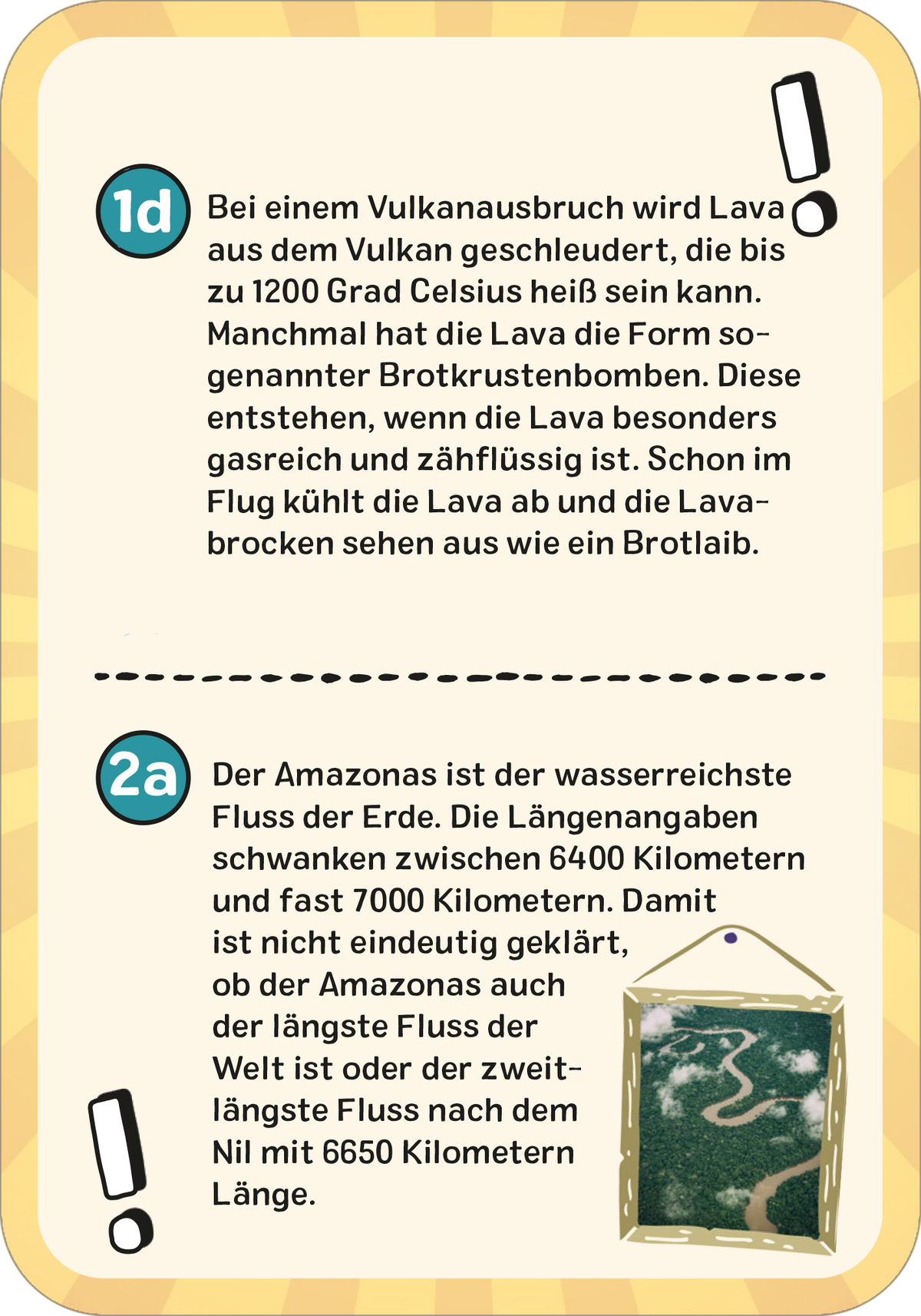 Gezeigt wird eine Innen- oder Zusatzansicht von „Das superstarke Erde-Quiz“. Die Darstellung umfasst zwei Textfelder auf einem hellen, gelb-orangefarbenen Hintergrund. Die Felder sind durch eine horizontale Linie getrennt. Jedes Feld enthält eine nummerierte Frage, die den Inhalt einführt. Links befindet sich ein Ausrufezeichen als grafisches Element, während rechts ein einfaches Symbol in Form eines Rahmens abgebildet ist. Die Schrift ist gut lesbar und in einem klaren, modernen Font...