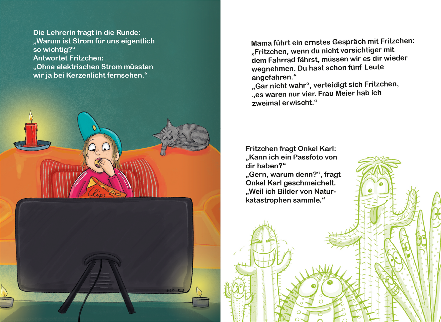 Gezeigt wird eine Innen- oder Zusatzansicht von „Fritzchen-Witze für Erstleser“. Die rechte Seite zeigt humorvolle, handgezeichnete Illustrationen in lebendigen Farben. Links steht ein Junge mit blauer Mütze, der vor einem Fernseher sitzt. Der Hintergrund ist in sanften Grüntönen gehalten, während der Text in klarer, gut lesbarer Schrift vorliegt. Auf der rechten Seite sind lachende Kakteen zu sehen. Die Illustrationen unterstreichen die Witze, die überall auf den Seiten verteilt sind.