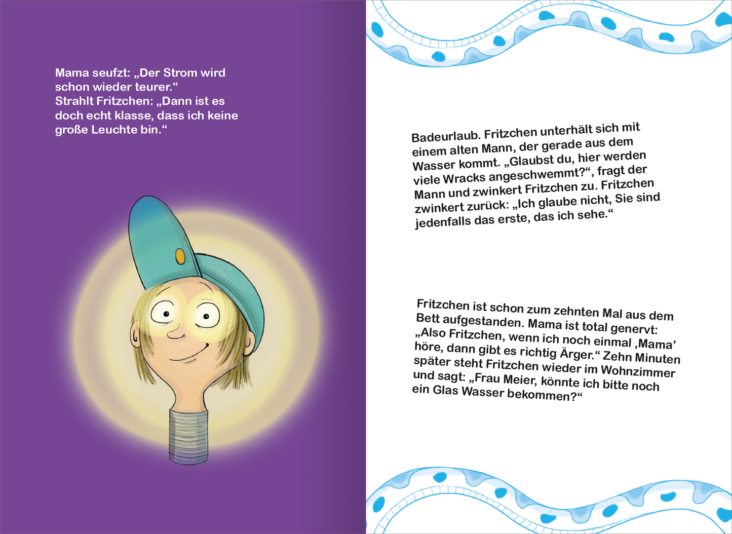 Gezeigt wird eine Innen- oder Zusatzansicht von „Fritzchen-Witze für Erstleser“. Auf der linken Seite ist eine Illustration von Fritzchen zu sehen, einem Jungen mit einem blauen Mützchen, dessen Augen Leuchten. Der Hintergrund ist in einem kräftigen Lila gehalten, während eine hellen Lichtquelle hinter ihm leuchtet. Auf der rechten Seite befindet sich der Text in klarer, kindgerechter Schrift, die in Schwarz auf weißem Hintergrund dargestellt ist. Ein wellenförmiger Rahmen in Blau...