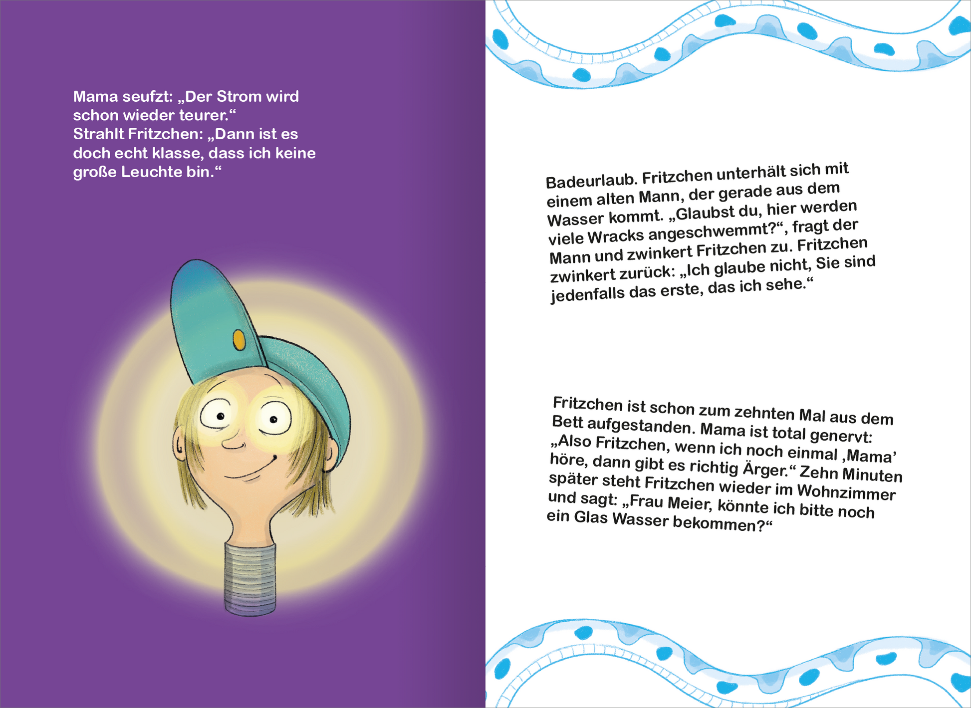 Gezeigt wird eine Innen- oder Zusatzansicht von „Fritzchen-Witze für Erstleser“. Auf der linken Seite ist eine Illustration von Fritzchen zu sehen, einem Jungen mit einem blauen Mützchen, dessen Augen Leuchten. Der Hintergrund ist in einem kräftigen Lila gehalten, während eine hellen Lichtquelle hinter ihm leuchtet. Auf der rechten Seite befindet sich der Text in klarer, kindgerechter Schrift, die in Schwarz auf weißem Hintergrund dargestellt ist. Ein wellenförmiger Rahmen in Blau...