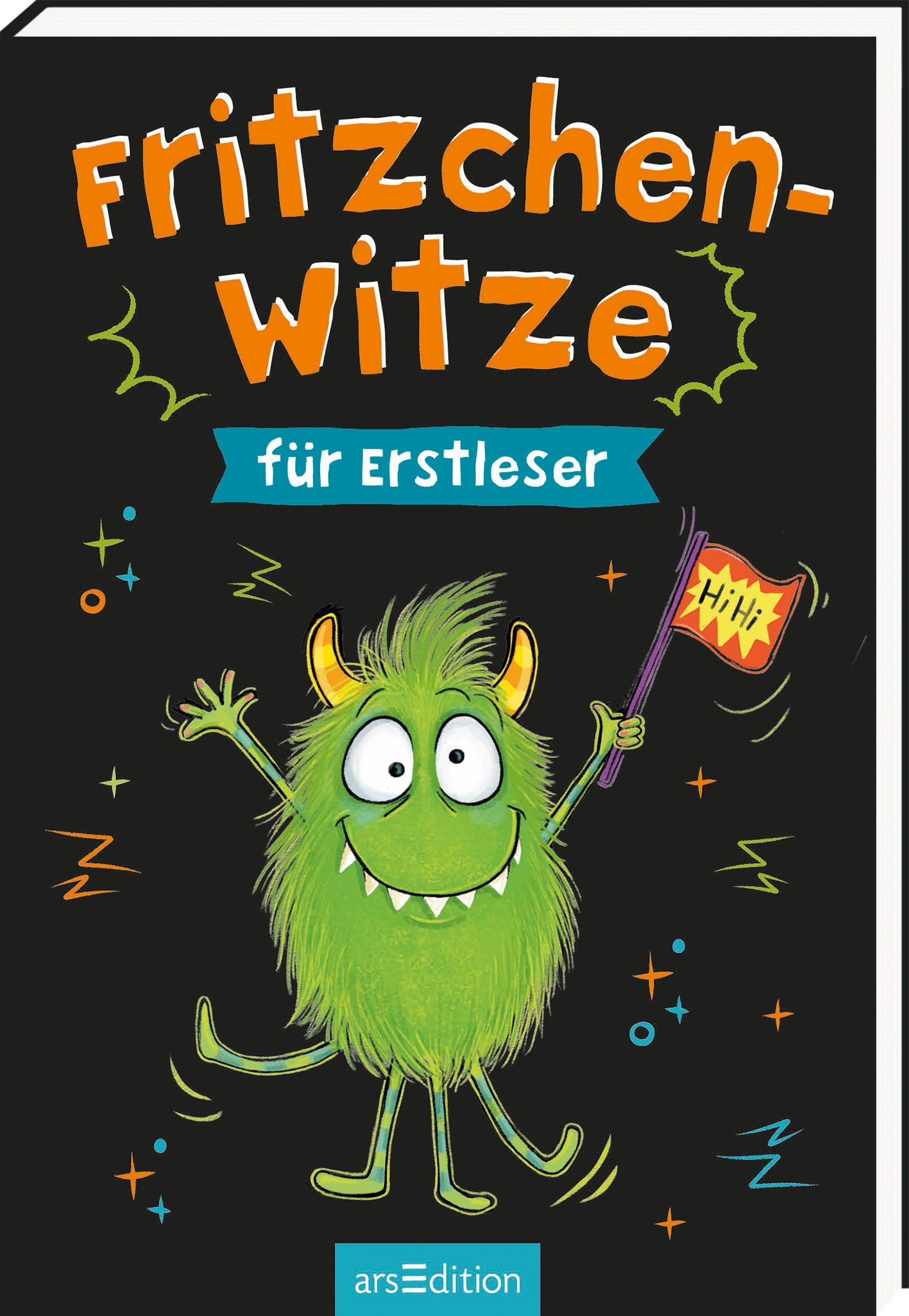 Zu sehen ist die 3D-Ansicht des Titels. Das Buchcover zeigt einen schwarzen Hintergrund. In der oberen Hälfte prangt in großen, orangefarbenen Buchstaben der Titel „Fritzchen-Witze“. Darunter steht in einer blauen Box der Zusatz „für Erstleser“ in weißer Schrift. Im Vordergrund steht ein fröhliches, grünes Monster mit großen, runden Augen und einer Flagge, die die Aufschrift „Hihih“ trägt. Bunte, verspielte Elemente umrahmen die Illustration und verleihen dem Cover eine...