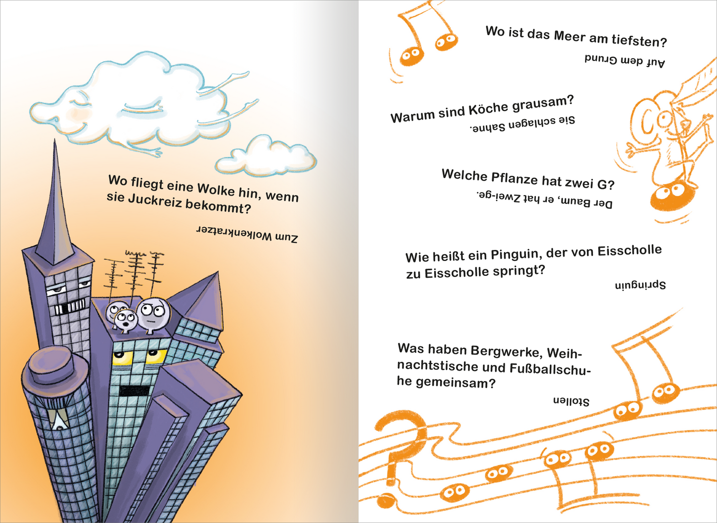 Gezeigt wird eine Innen- oder Zusatzansicht von „Scherzfragen“. Auf der linken Seite sind stilisierte Hochhäuser in lila abgebildet, umrahmt von hellblauen Wolken. Die rechte Seite enthält humorvolle Fragen in schräger, verspielter Typografie, die in schwarzer Schrift auf hellem Hintergrund stehen. Orangefarbene, zeichnerische Elemente wie Noten und Mäuse verleihen der Seite eine lebendige, freundliche Atmosphäre.