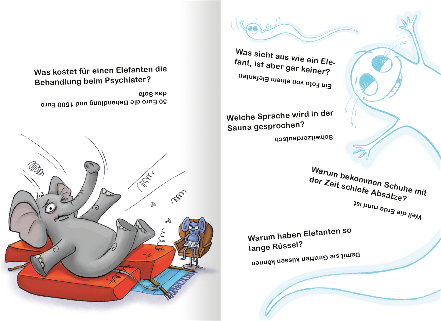 Gezeigt wird eine Innenansicht von „Scherzfragen“. Die Seite zeigt eine humorvolle Illustration eines Elefanten, der auf einer zusammengebrochenen Couch liegt, während eine kleine Maus kritisch dabei zusieht. Die Texte sind in verschiedenen Größen und in einer klaren, gut lesbaren Schriftart gehalten. Die Fragen sind witzig formuliert und in schwarzer Schrift auf weißem Hintergrund platziert, was den Kontrast und die Lesbarkeit erhöht.