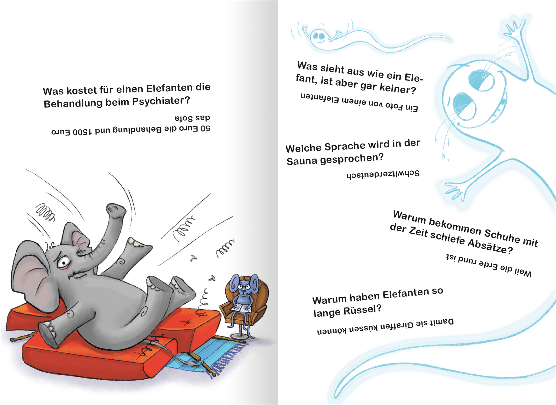 Gezeigt wird eine Innenansicht von „Scherzfragen“. Die Seite zeigt eine humorvolle Illustration eines Elefanten, der auf einer zusammengebrochenen Couch liegt, während eine kleine Maus kritisch dabei zusieht. Die Texte sind in verschiedenen Größen und in einer klaren, gut lesbaren Schriftart gehalten. Die Fragen sind witzig formuliert und in schwarzer Schrift auf weißem Hintergrund platziert, was den Kontrast und die Lesbarkeit erhöht.