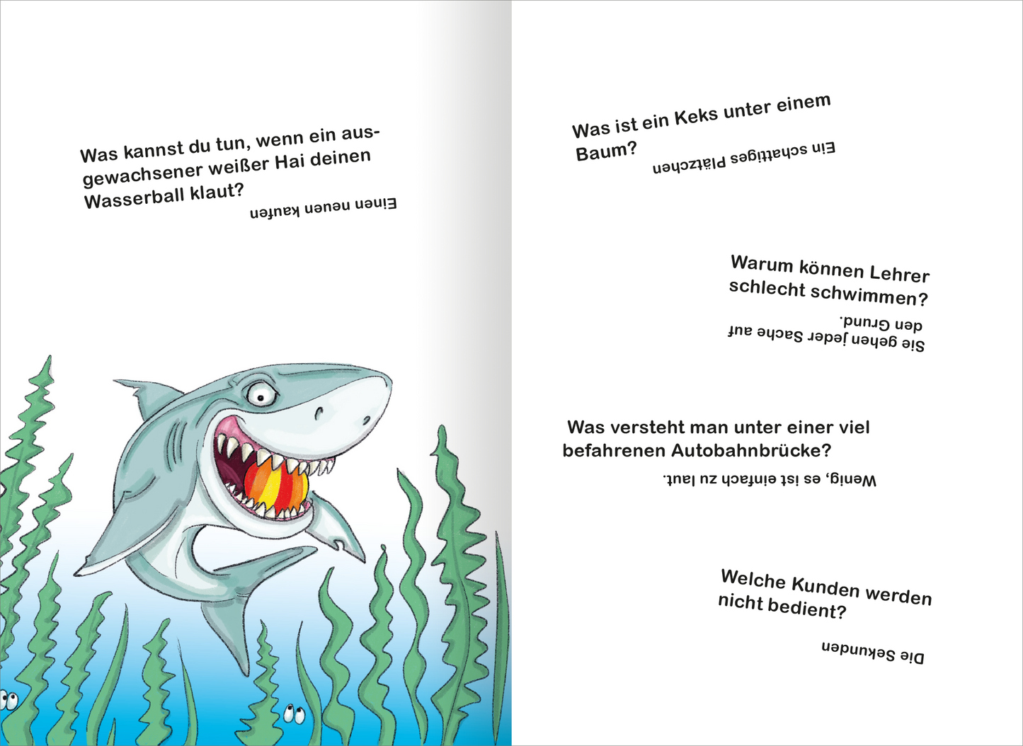 Gezeigt wird eine Innen- oder Zusatzansicht von „Scherzfragen“. Auf der linken Seite ist ein lächelnder Hai mit sich drehendem Körper und einem breiten, freundlichen Maul zu sehen, umgeben von bunten Wasserpflanzen. Auf der rechten Seite sind mehrere Fragen in abwechslungsreicher, kräftiger Typografie angeordnet, teils schräg und plastisch gestaltet, in Schwarz auf hellem Hintergrund. Die Fragen wirken humorvoll und ansprechend.