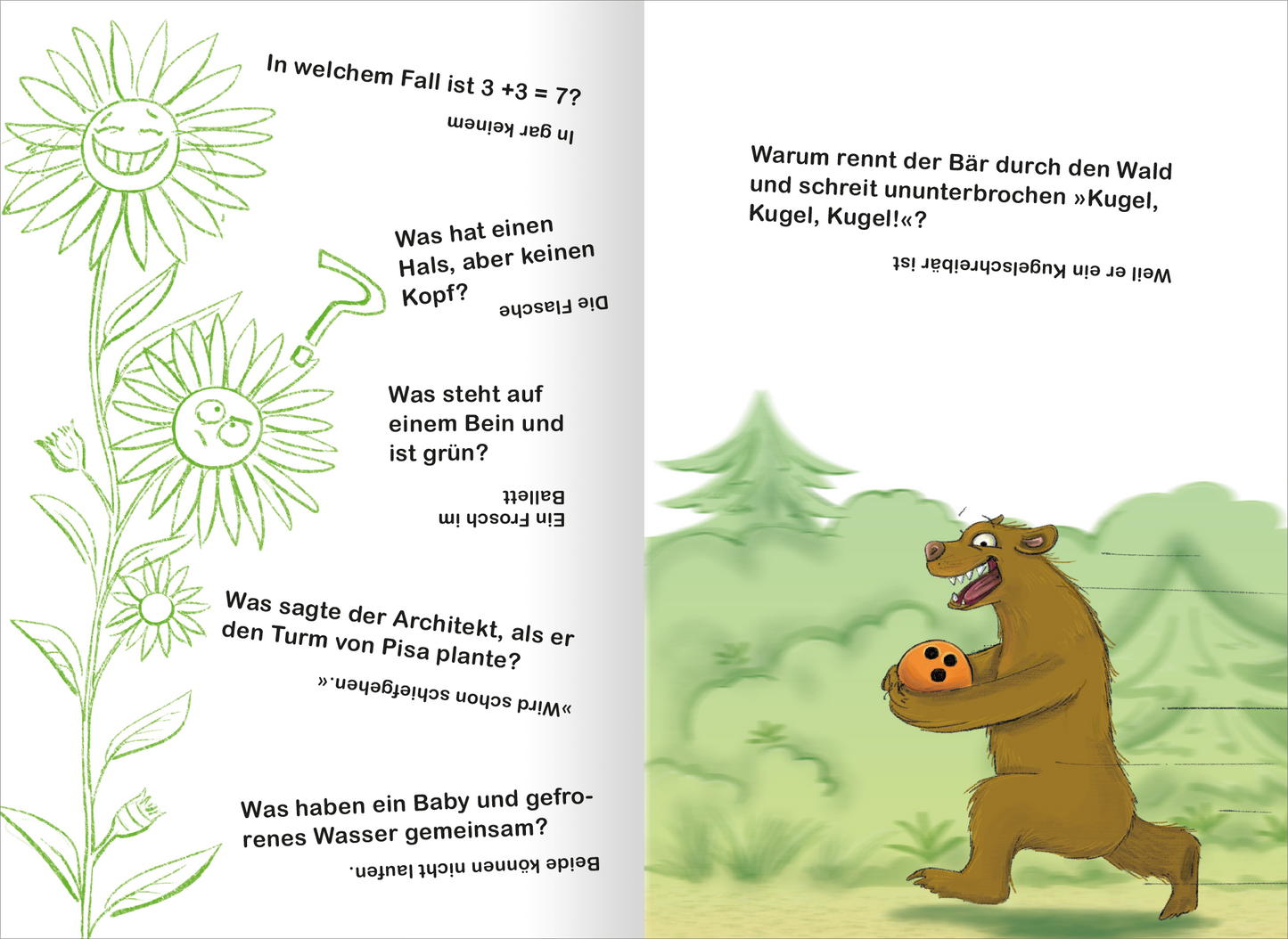 Gezeigt wird eine Innen- oder Zusatzansicht von „Scherzfragen“. Die linke Seite enthält handgezeichnete, grüne Blumen mit fröhlichen Gesichtern und mehreren humorvollen Fragen in einfacher, schwarzer Schrift. Die rechte Seite zeigt einen Bären, der mit einem orangefarbenen Ball durch eine grüne Waldlandschaft läuft. Der Himmel ist hell, und die Farben wirken freundlich und einladend. Die Typografie ist gut lesbar und sorgt für eine kindgerechte Ansprache.