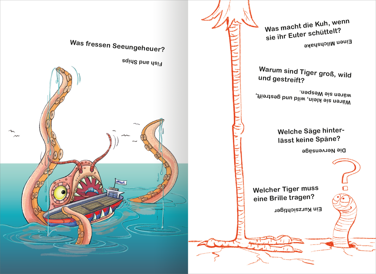 Gezeigt wird eine Innen- oder Zusatzansicht von „Scherzfragen“. Auf der linken Seite ist ein farbenfrohes, cartoonhaftes Seemonster mit großen Augen und mehreren Tentakeln abgebildet, das aus dem Wasser ragt und ein Boot verschlingt. Die rechte Seite zeigt in klarer, freundlicher Schrift vier witzige Fragen in unterschiedlich gestalteten Texten. Die Schrift ist groß und gut lesbar, teilweise in verschiedenen Farben, was die verspielte Gestaltung unterstreicht.