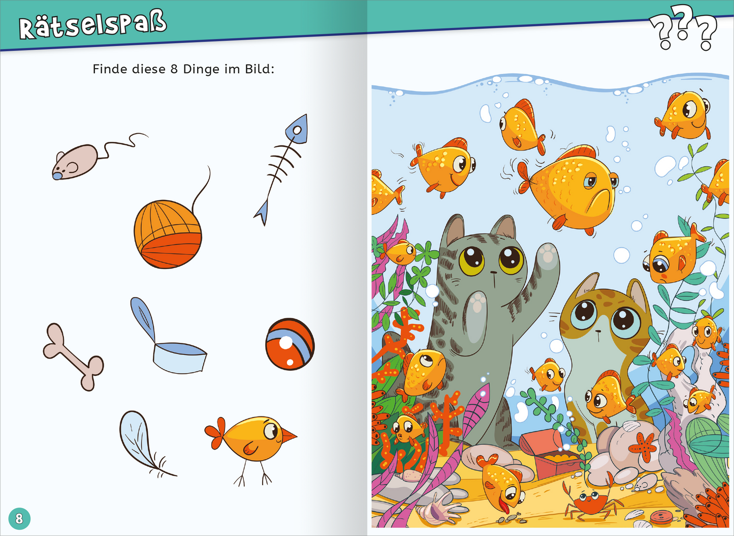 Gezeigt wird eine Innen- oder Zusatzansicht von „Endlich 6 Jahre alt“. Die Seite enthält einen bunten Rätselspaß mit einem aquatischen Thema. Auf der linken Seite sind acht einfache Illustrationen in kräftigen Farben, darunter ein Fisch, eine Wolle und ein Vogel, abgebildet. Auf der rechten Seite tummeln sich orangefarbene Fische, eine Katze und ein Kätzchen, die fröhlich im Wasser spielen. Die Schrift ist klar und gut lesbar, mit einer spielerischen Typografie. Der Hintergrund ist...