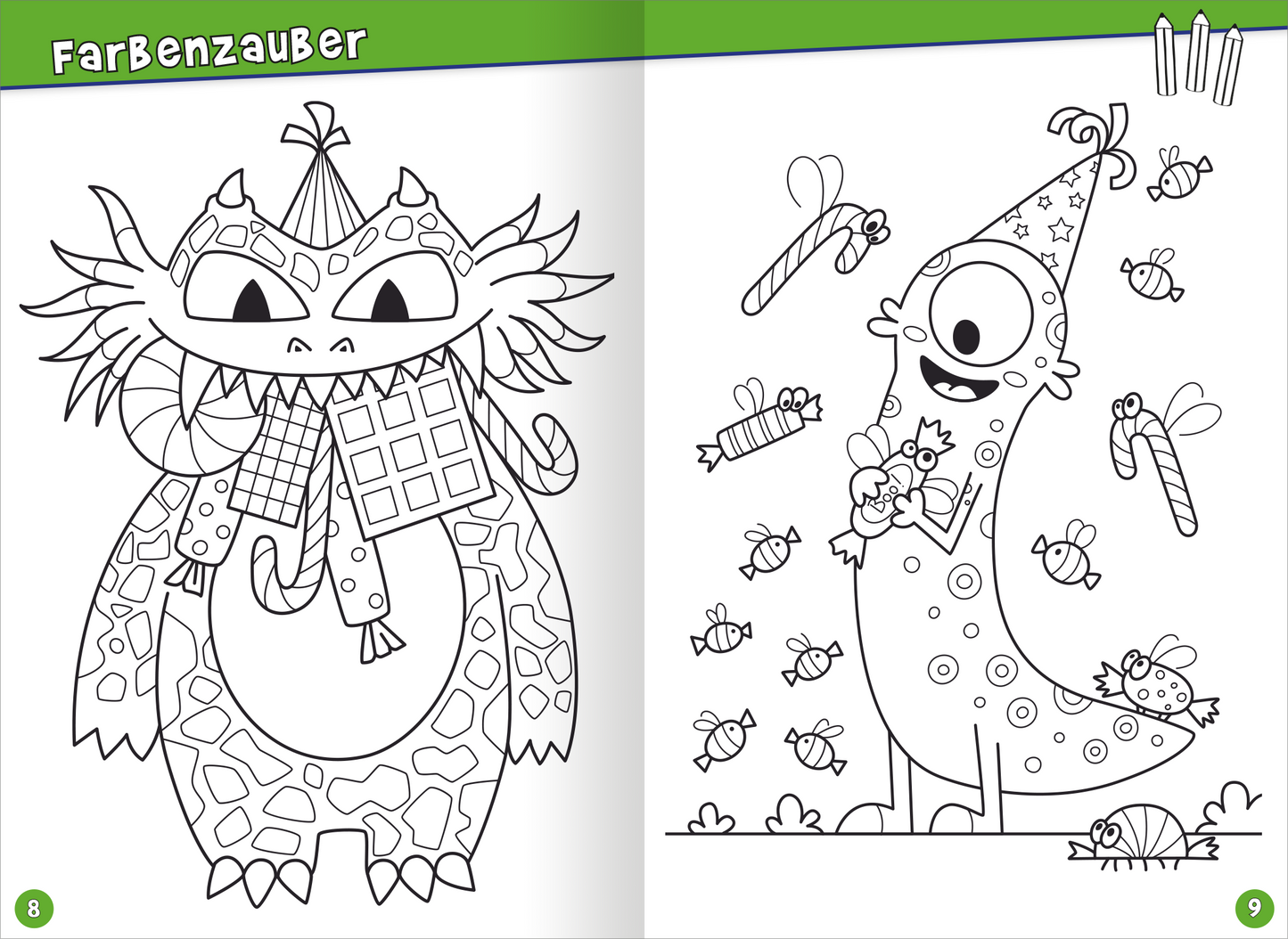 Gezeigt wird eine Innen- oder Zusatzansicht von „Endlich 8 Jahre alt“. Auf der linken Seite ist ein großes, cartoonhaftes Monster abgebildet, das Schokolade in den Händen hält und eine bunte, gescheckte Textur aufweist. Auf der rechten Seite steht eine weitere fröhliche, fantasievolle Kreatur mit einem partyähnlichen Hut, umgeben von Süßigkeiten und kleinen Insekten. Die gesamte Szene ist in schwarz-weiß gehalten, was Anreize zum Ausmalen bietet. Der Titel „FarbenZauber“ ist in...