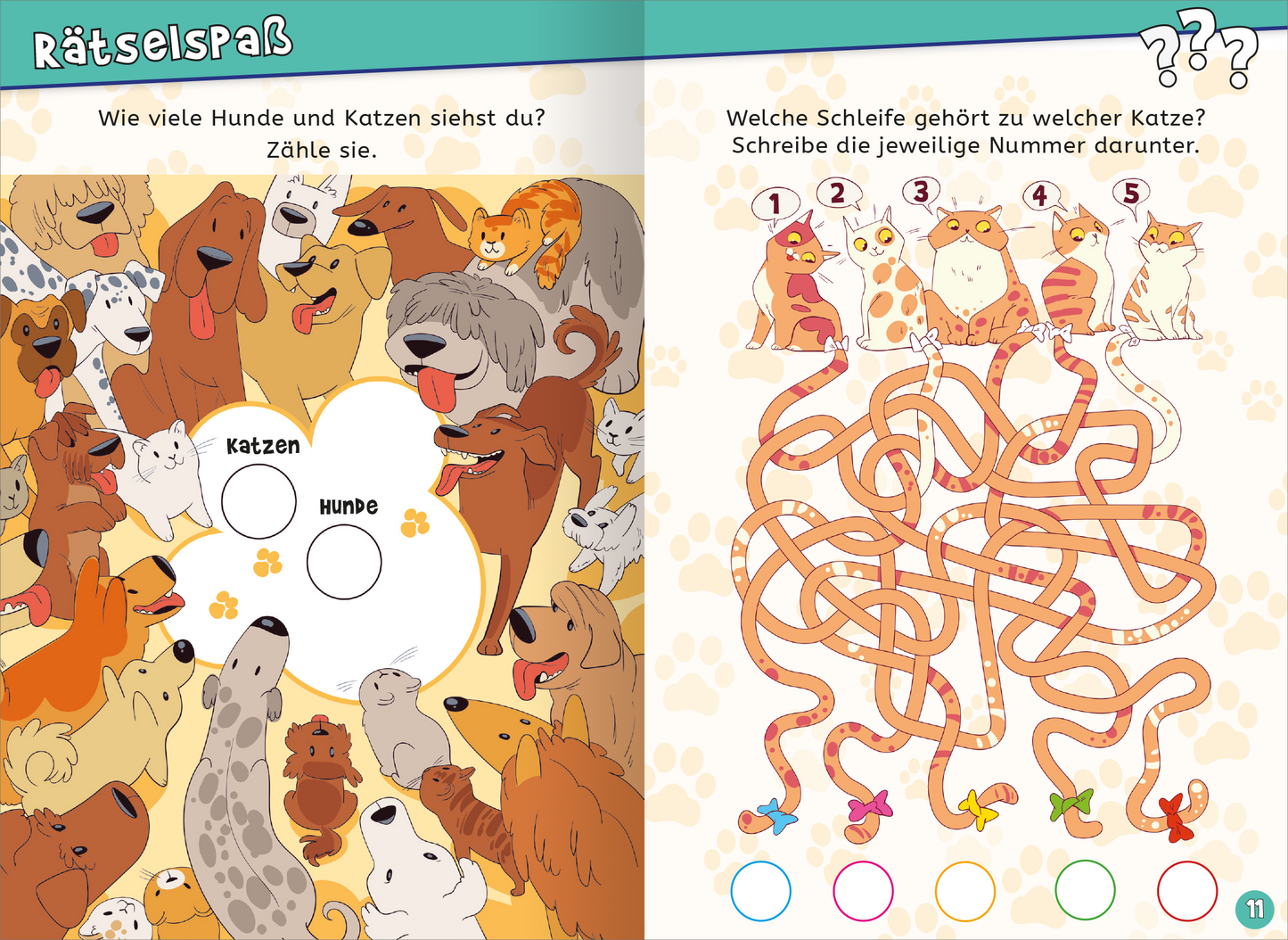 Gezeigt wird eine Innen- oder Zusatzansicht von „Endlich 8 Jahre alt“. Auf der linken Seite sind viele farbenfrohe und cartoonhafte Hunde und Katzen abgebildet, umgeben von Pfotenabdrücken in sanften Farben. Die Überschrift „Rätselspaß“ erscheint in verspielter, großer Schrift. Rechts befindet sich ein Rätsel mit einer labyrinthartigen Linie, die sich durch das Bild schlängelt, sowie rechts daneben stilisierte Katzen, die in verschiedenen Farben dargestellt sind. Die Anweisungen...