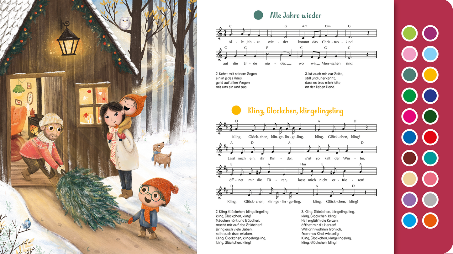 Gezeigt wird eine Innenansicht von „Sing mit! Weihnachten“. Links ist eine illustrierte Winterlandschaft mit einem Holzhaus, beleuchtet von einer Lampe. Drei Figuren, darunter ein Kind und ein Hund, stehen vor dem Haus und tragen einen Weihnachtsbaum. Auf der rechten Seite sind die Liedtexte sowie Noten für „Alle Jahre wieder“ und „Kling, Glöckchen, klingelingeling“ abgebildet. Die Typografie ist klar und bunt, um die Aufmerksamkeit auf die Kinderlieder zu lenken.
