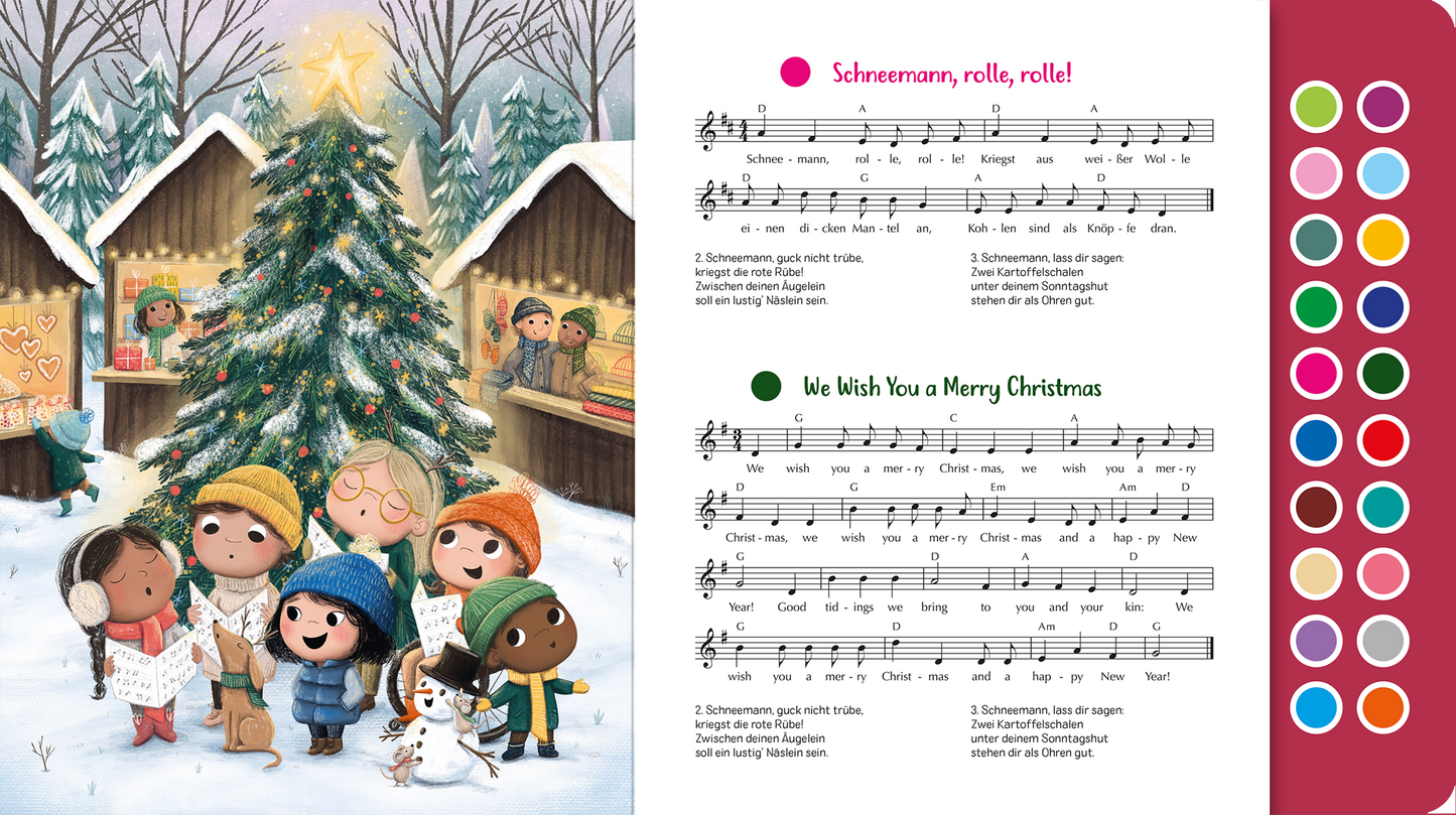 Gezeigt wird eine Innen- oder Zusatzansicht von „Sing mit! Weihnachten“. Auf der linken Seite ist eine farbenfrohe Illustration von Kindern zu sehen, die um einen geschmückten Weihnachtsbaum stehen. Sie tragen winterliche Kleidung in leuchtenden Farben wie Blau, Gelb und Orange. Im Hintergrund sind festliche Holzhütten und eine verschneite Landschaft sichtbar. Auf der rechten Seite befinden sich Notenblätter mit den Titeln „Schneemann, rolle, rolle!“ und „We Wish You a Merry...