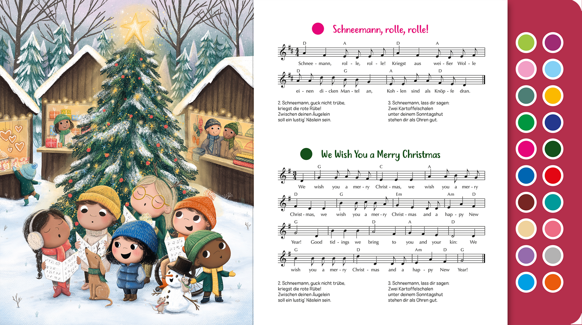 Gezeigt wird eine Innen- oder Zusatzansicht von „Sing mit! Weihnachten“. Auf der linken Seite ist eine farbenfrohe Illustration von Kindern zu sehen, die um einen geschmückten Weihnachtsbaum stehen. Sie tragen winterliche Kleidung in leuchtenden Farben wie Blau, Gelb und Orange. Im Hintergrund sind festliche Holzhütten und eine verschneite Landschaft sichtbar. Auf der rechten Seite befinden sich Notenblätter mit den Titeln „Schneemann, rolle, rolle!“ und „We Wish You a Merry...