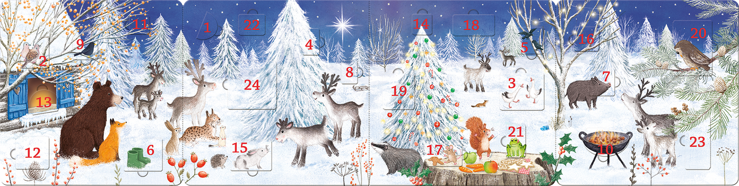 Gezeigt wird eine Innen- oder Zusatzansicht von „Mein liebstes Adventskalenderbuch“. Die Illustration präsentiert eine winterliche Szene mit verschneiten Bäumen und Tieren wie Bär, Reh und Eichhörnchen. Die Farbpalette umfasst sanfte Blau- und Weißtöne, ergänzt durch lebendige Farbakzente der Tiere und des Weihnachtsbaums. Die Typografie ist klar und freundlich, mit nummerierten Türchen, die die Vorfreude auf die Adventszeit symbolisieren.