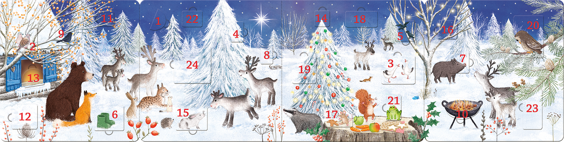 Gezeigt wird eine Innen- oder Zusatzansicht von „Mein liebstes Adventskalenderbuch“. Die Illustration präsentiert eine winterliche Szene mit verschneiten Bäumen und Tieren wie Bär, Reh und Eichhörnchen. Die Farbpalette umfasst sanfte Blau- und Weißtöne, ergänzt durch lebendige Farbakzente der Tiere und des Weihnachtsbaums. Die Typografie ist klar und freundlich, mit nummerierten Türchen, die die Vorfreude auf die Adventszeit symbolisieren.