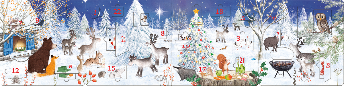 Gezeigt wird eine Innen- oder Zusatzansicht von „Mein liebstes Adventskalenderbuch“. Die Illustration zeigt eine winterliche Landschaft mit schneebedeckten Tannen und spielenden Tieren, darunter Rehe, ein Bär und ein Eichhörnchen. Ein bunt geschmückter Weihnachtsbaum befindet sich im Zentrum, umgeben von Geschenken. Die Farben variieren von kühlen Blautönen bis hin zu warmem Gelb und Orange. Die Typografie ist liebevoll gestaltet, mit großen, gut lesbaren Zahlen, die die Türchen des...