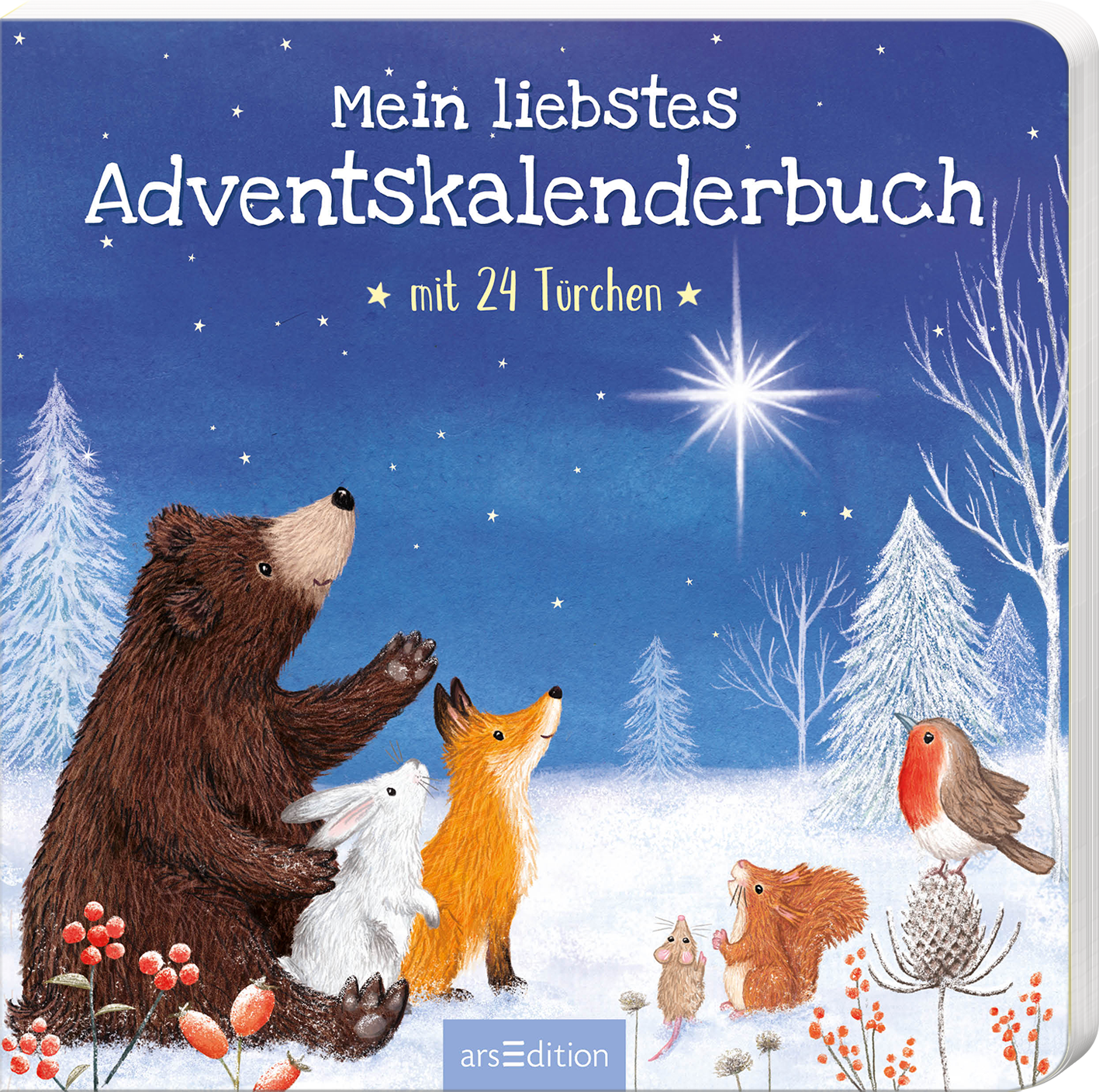 Das Buchcover zeigt eine winterliche Szene mit einem großen, braunen Bären und mehreren kleinen Tieren, darunter ein Fuchs, ein Hase und ein Rotkehlchen, die zur strahlenden Weihnachtsstern leuchten. Der Himmel ist in sanften Blautönen gehalten, während der Boden mit Schnee und roten Beeren verziert ist. Der Titel „Mein liebstes Adventskalenderbuch“ ist in verspielter, weißer Schrift in der oberen Hälfte des Covers platziert, begleitet von dem Zusatz „mit 24 Türchen“ in zarten,...