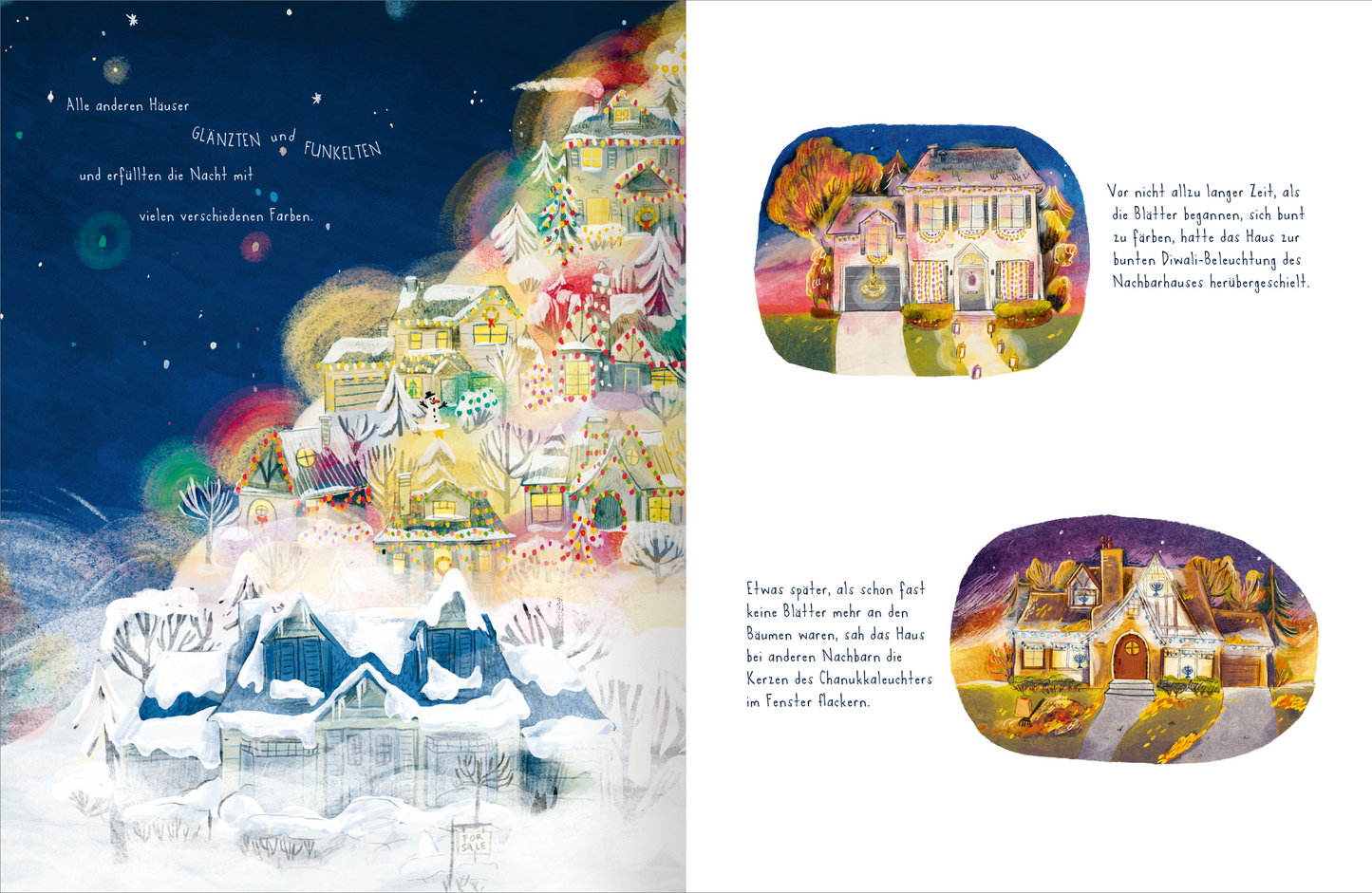 Gezeigt wird eine Innen- oder Zusatzansicht von „Das Haus ohne Lichter“. Die Illustration zeigt eine träumerische winterliche Landschaft mit schneebedeckten Häusern in sanften Pastellfarben. Auf der linken Seite sind die Häuser in sanften Blau- und Grüntönen umgeben von leuchtenden Lichtern und funkelnden Sternen. Die rechte Seite enthält handschriftliche Texte in einer einladenden, verspielten Schriftart. Die harmonische Farbpalette vermittelt eine warme, nostalgische Atmosphäre.