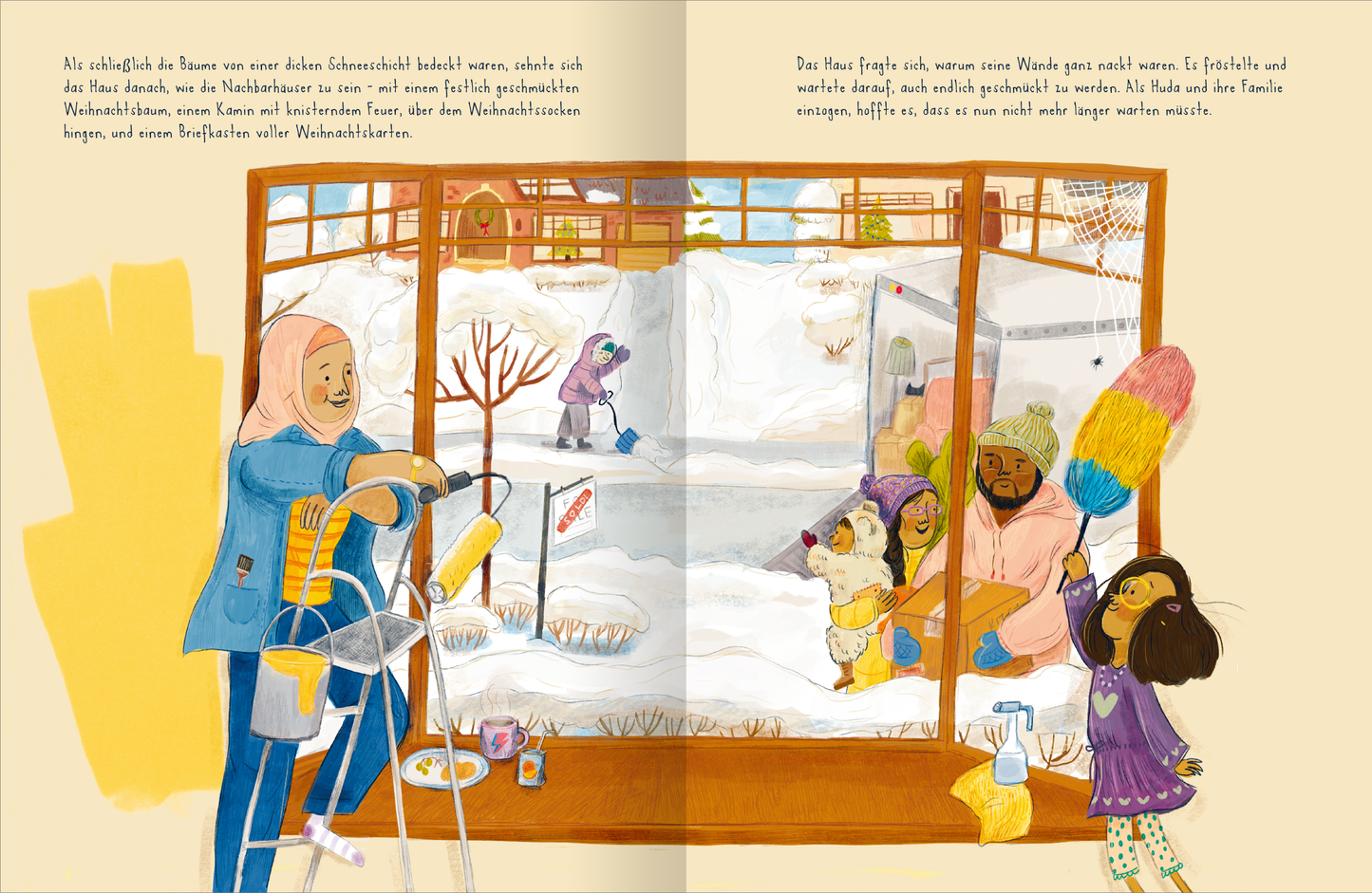 „Gezeigt wird eine Innenansicht von „Das Haus ohne Lichter“. Die Illustration zeigt eine Winterlandschaft durch ein großes Fenster. Im Vordergrund stehen diverse Figuren, darunter eine Frau mit Kopftuch, die mit einem Pinsel auf der Fensterscheibe malt. Andere Personen, darunter ein Kind mit Hund, sind ebenfalls aktiv. Die warmen Farben der Kleidung kontrastieren mit der kalten, schneebedeckten Umgebung. Die beschwingte, verspielte Typografie vermittelt eine fröhliche Stimmung.“