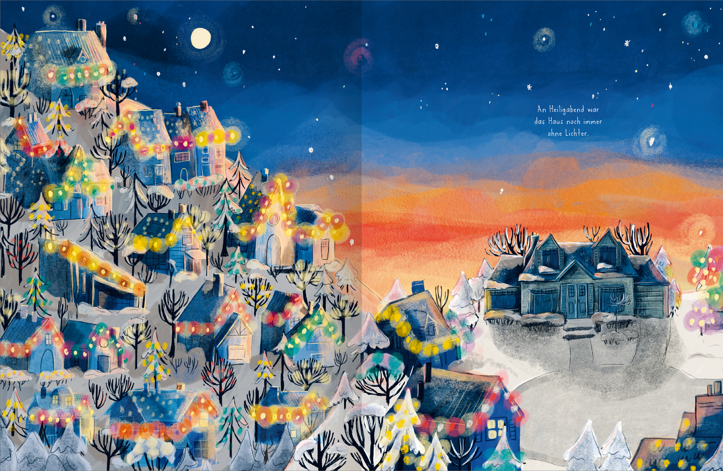 Gezeigt wird eine Innen- oder Zusatzansicht von „Das Haus ohne Lichter“. Die Illustration zeigt eine verschneite Landschaft mit bunten, leuchtenden Häuschen, dekoriert mit Weihnachtslichtern. Im Hintergrund erstreckt sich ein sanfter Sonnenuntergang in warmen Orange- und Blautönen, während der Nachthimmel über der Szene funkelt. Die Typografie an der Seite ist freundlich und verspielt, mit einer einladenden Schriftart, die den Titel des Buches präsentiert.