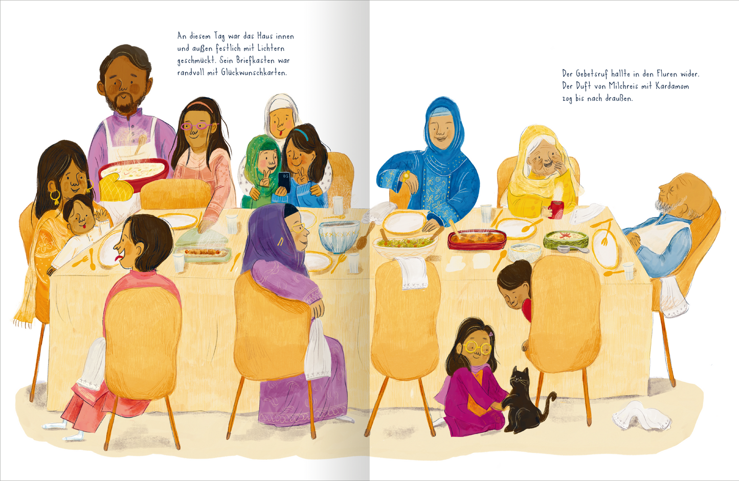 Gezeigt wird eine Innen- oder Zusatzansicht von „Das Haus ohne Lichter“. Die Illustration zeigt eine lebendige Essensszene mit mehreren Personen, die um einen großen Tisch versammelt sind. Die Farben sind warm und einladend, mit kräftigen Rottönen, sanften Gelbtönen und erdigen Brauntönen. Die Typografie im Text ist verspielt und gut lesbar, ergänzt durch verschiedene Gesichtsausdrücke der Charaktere, die eine familiäre Atmosphäre schaffen. Ein schwarzes Katzenvieh ist ebenfalls zu...