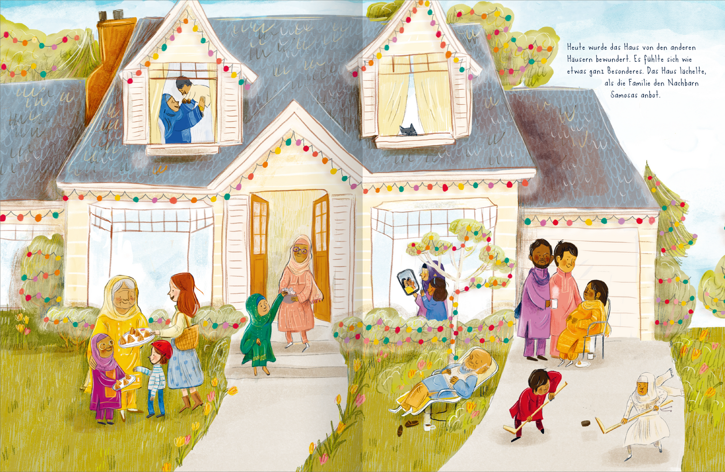 Gezeigt wird eine Innen- oder Zusatzansicht von „Das Haus ohne Lichter“. Die Illustration zeigt einladende Szenen vor einem festlich dekorierten Haus mit bunten Lichtern. Menschen in vielfältigen, bunten Kleidern arbeiten und feiern miteinander. Kinder spielen im Garten, während Erwachsene auf der Veranda interagieren. Die Farben sind warm und lebhaft, mit sanften Erdtönen und fröhlichen Akzenten. Die Typografie ist freundlich und kindgerecht, ergänzt durch handschriftlich wirkende...