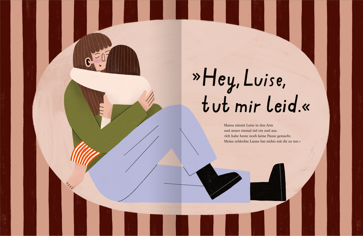 Gezeigt wird eine Innen- oder Zusatzansicht von „Luise braucht ’ne Pause“. Die Illustration zeigt zwei gepunktete Geparden, die in einer bunten, stilisierten Landschaft mit großen, runden Bäumen und blühenden Blumen spielen. Die Farben sind kräftig und vielfältig, vorwiegend in Grün-, Braun- und Violetttönen, die eine fröhliche Stimmung erzeugen. Die Typografie ist verspielt und kindgerecht, um den leichten, humorvollen Ton der Geschichte zu unterstreichen.