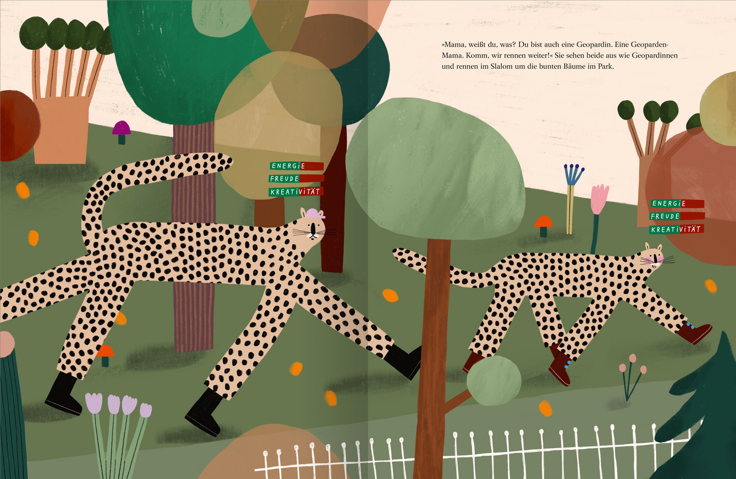 Gezeigt wird eine Innen- oder Zusatzansicht von „Luise braucht ’ne Pause“. Die Illustration zeigt zwei gefleckte Tiere in dynamischer Bewegung, umgeben von bunten Bäumen und stilisierten Pflanzen. Kräftige Farben wie Grün, Braun und Rosa dominieren die Szene. Über den Tieren schweben Sprechblasen, die die Begriffe „Energie“, „Freude“ und „Kreativität“ in einer klaren, verspielten Typografie präsentieren. Der Gesamtlook ist freundlich und einladend.