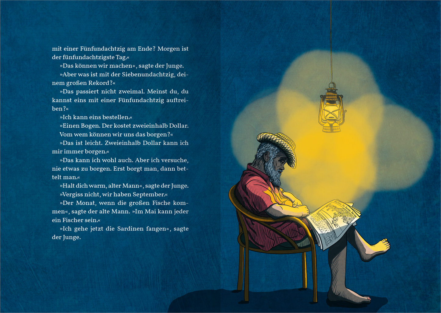 Gezeigt wird eine Innen- oder Zusatzansicht von „Der alte Mann und das Meer“. Auf der Seite ist der alte Mann in einem Sessel sitzend abgebildet, umgeben von sanften, warmen Farben. Sein Gesicht ist von reicher, grauer Behaarung geprägt. Neben ihm hängt eine nostalgische Laterne, die ein sanftes Licht auf die Szenerie wirft. Die typografische Gestaltung umfasst klare, gut lesbare Schriftzüge mit einer Mischung aus eleganten und handschriftlichen Elementen, die den Dialog zwischen dem...