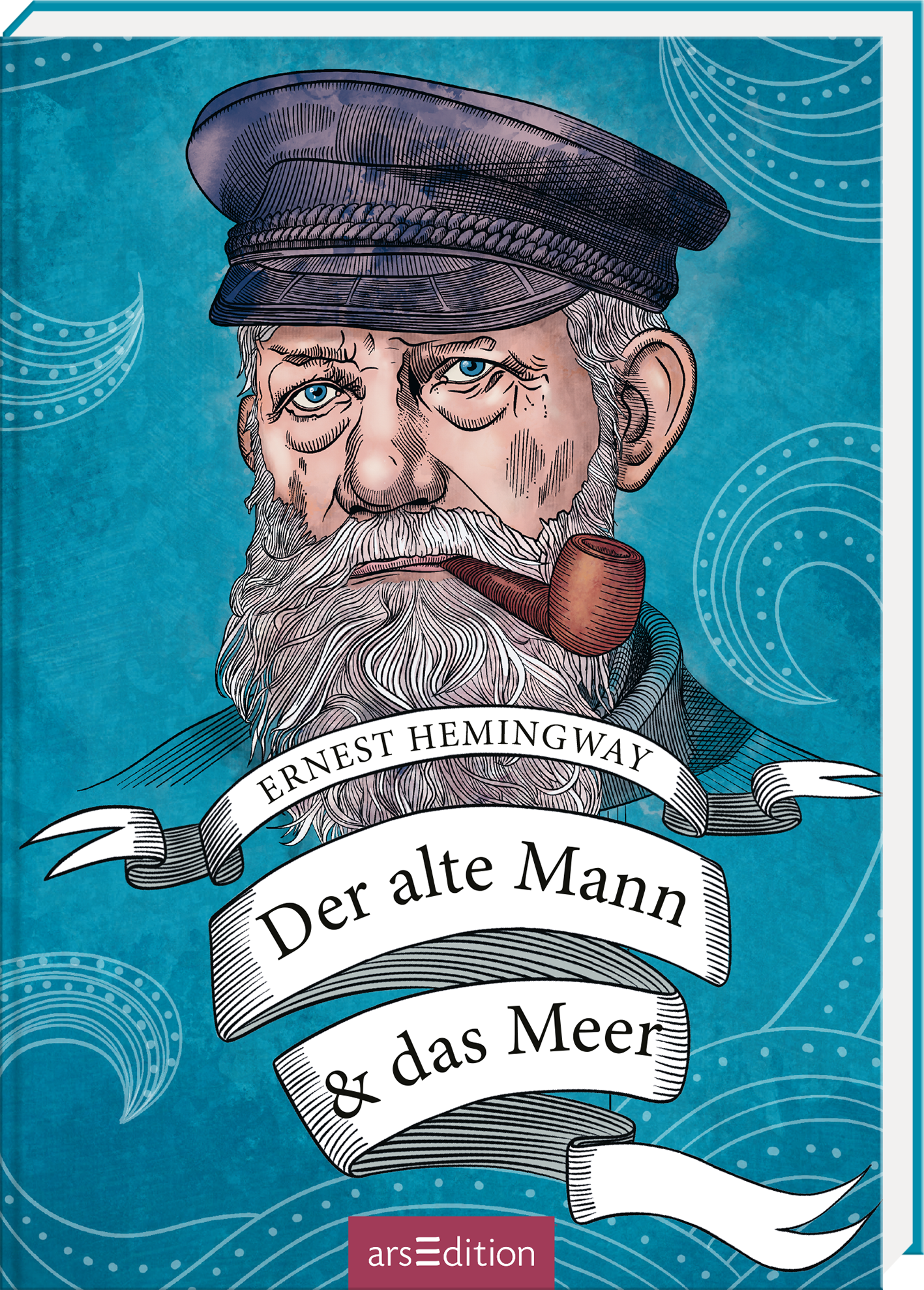 Auf dem Buchcover ist ein älterer Mann mit einem grauen Bart und einem Pipen im Mund abgebildet. Er trägt eine schwarze Schirmmütze und blickt ernst aus blauen Augen. Der Hintergrund ist in einem kräftigen Türkis gehalten, verziert mit geschwungenen, weißen Wellenmotiven. Der Titel „Der alte Mann & das Meer“ ist in einer eleganten, geschwungenen Schrift unter dem Autorennamen „Ernest Hemingway“ platziert. Ganz unten mittig steht der Logoschriftzug von arsEdition.