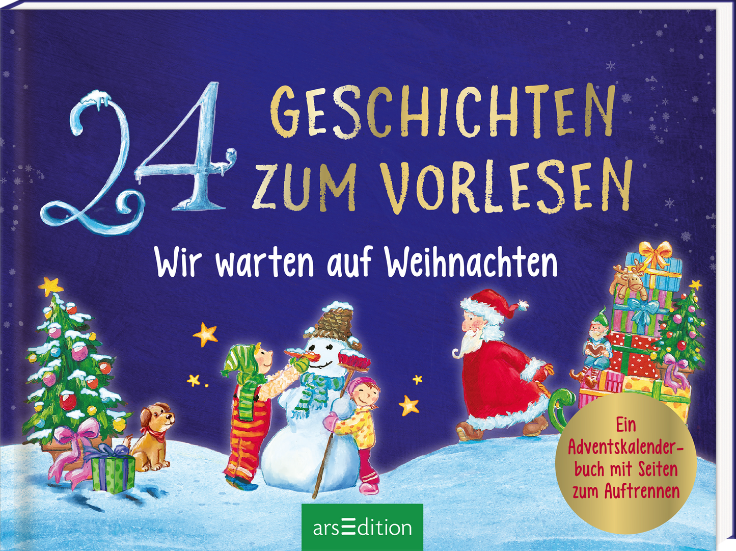 Auf dem Buchcover „24 Geschichten zum Vorlesen – Wir warten auf Weihnachten“ ist ein fantasievoller, winterlicher Hintergrund in tiefem Blau zu sehen. Zwei Kinder, ein Junge und ein Mädchen, stehen auf einer Schneelandschaft neben einem fröhlichen Schneemann, während rechts ein Weihnachtsmann, der einen Schlitten voller Geschenke hinter sich herzieht, in roter Kleidung zu sehen ist. Links steht ein festlich geschmückter Tannenbaum, neben dem ein Geschenk liegt und ein Hund sitzt. Der...