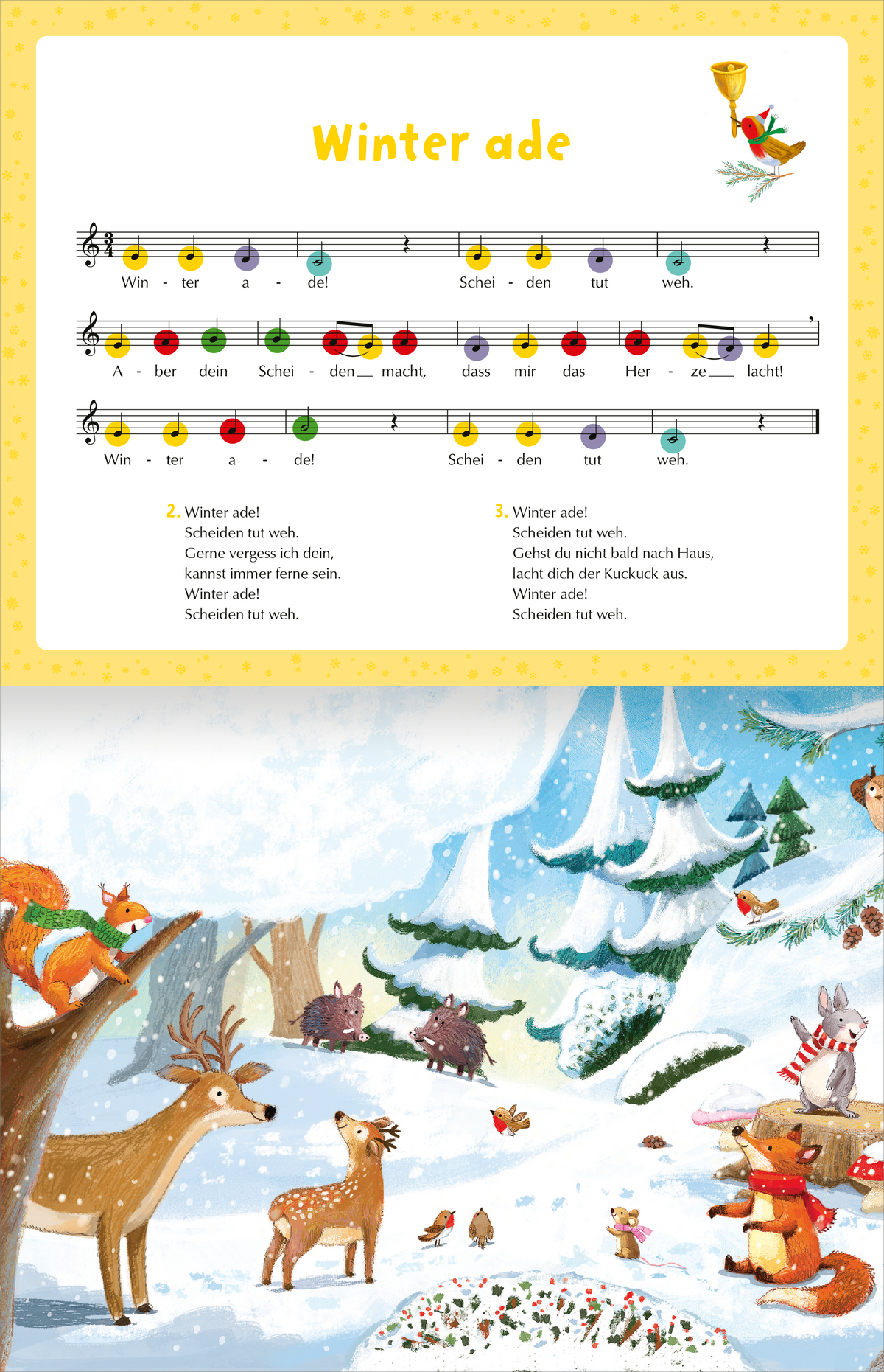 Gezeigt wird eine Innen- oder Zusatzansicht von „Mein Winter-Klavierbuch“. Die Seite zeigt die Noten zu dem Lied „Winter ade“ auf einem gelben Hintergrund. Die Noten sind farblich markiert mit roten, gelben und grünen Punkten zur erleichterten Orientierung. Unterhalb der Noten befindet sich eine illustrierte Winterlandschaft, in der Tiere wie Rehe und Eichhörnchen in einem verschneiten Wald spielen. Die Schrift ist klar und gut lesbar, und die Illustrationen sind bunt und kindgerecht...