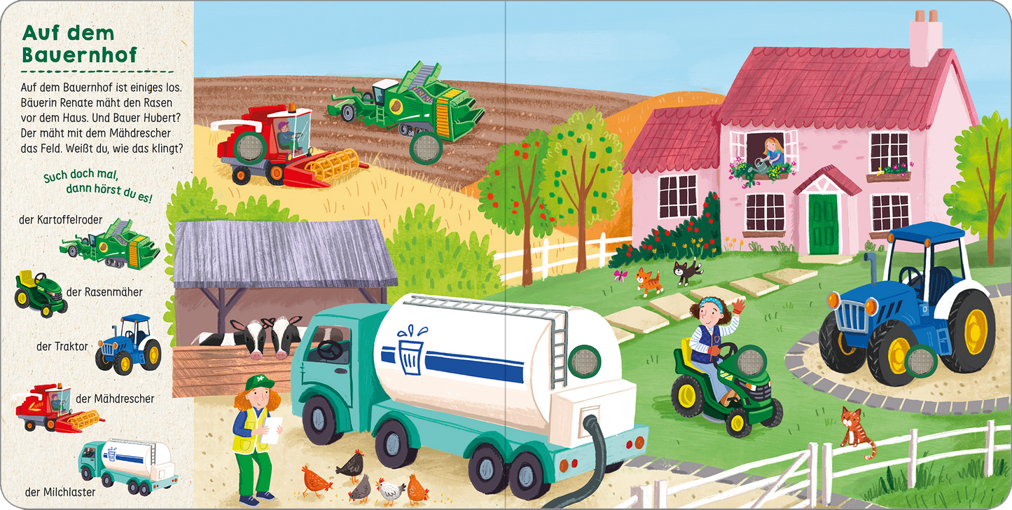 Gezeigt wird eine Innen- oder Zusatzansicht von „Such mal, hör mal! Meine Fahrzeuge“. Die Illustration zeigt eine bunte Bauernhof-Szene mit einem pinken Bauernhaus, landwirtschaftlichen Fahrzeugen wie Traktoren und einem Mähdrescher. Mehrere Tiere und ein Bauer sind aktiv in der Umgebung. Die Farben sind lebhaft, mit viel Grün für das Feld und sattem Blau für den Himmel. Die Schrift ist kindgerecht und deutlich lesbar.