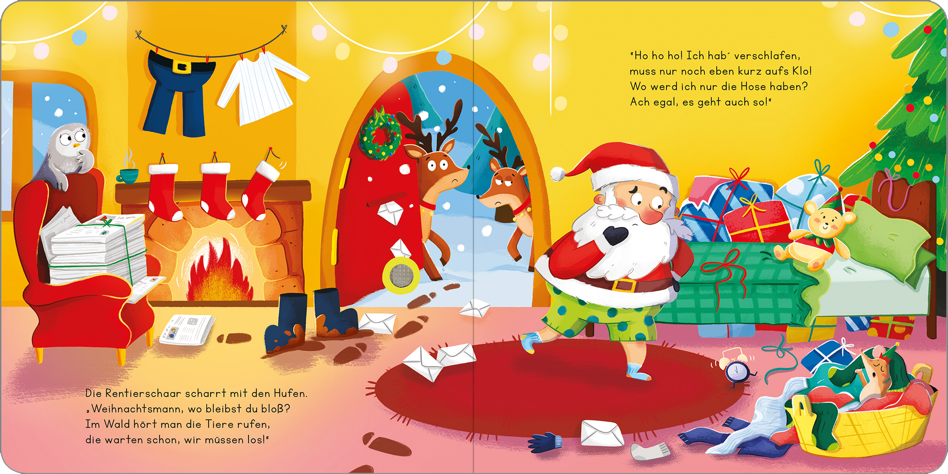Gezeigt wird eine Innen- oder Zusatzansicht von „Das Weihnachts-Chaos“. Die Illustration zeigt eine winterliche Szenerie mit einem großen, bunten Weihnachtsbaum, geschmückt mit bunten Lichtern und einer leuchtenden Sternspitze. Im Vordergrund stehen fröhliche Tiere, darunter ein Eisbär, ein Reh und verschiedene Nagetiere, die Geschenke auspacken. Im Hintergrund sind schneebedeckte Berge und farbenfrohe Geschenke verteilt. Die typografische Gestaltung ist verspielt und kindgerecht.