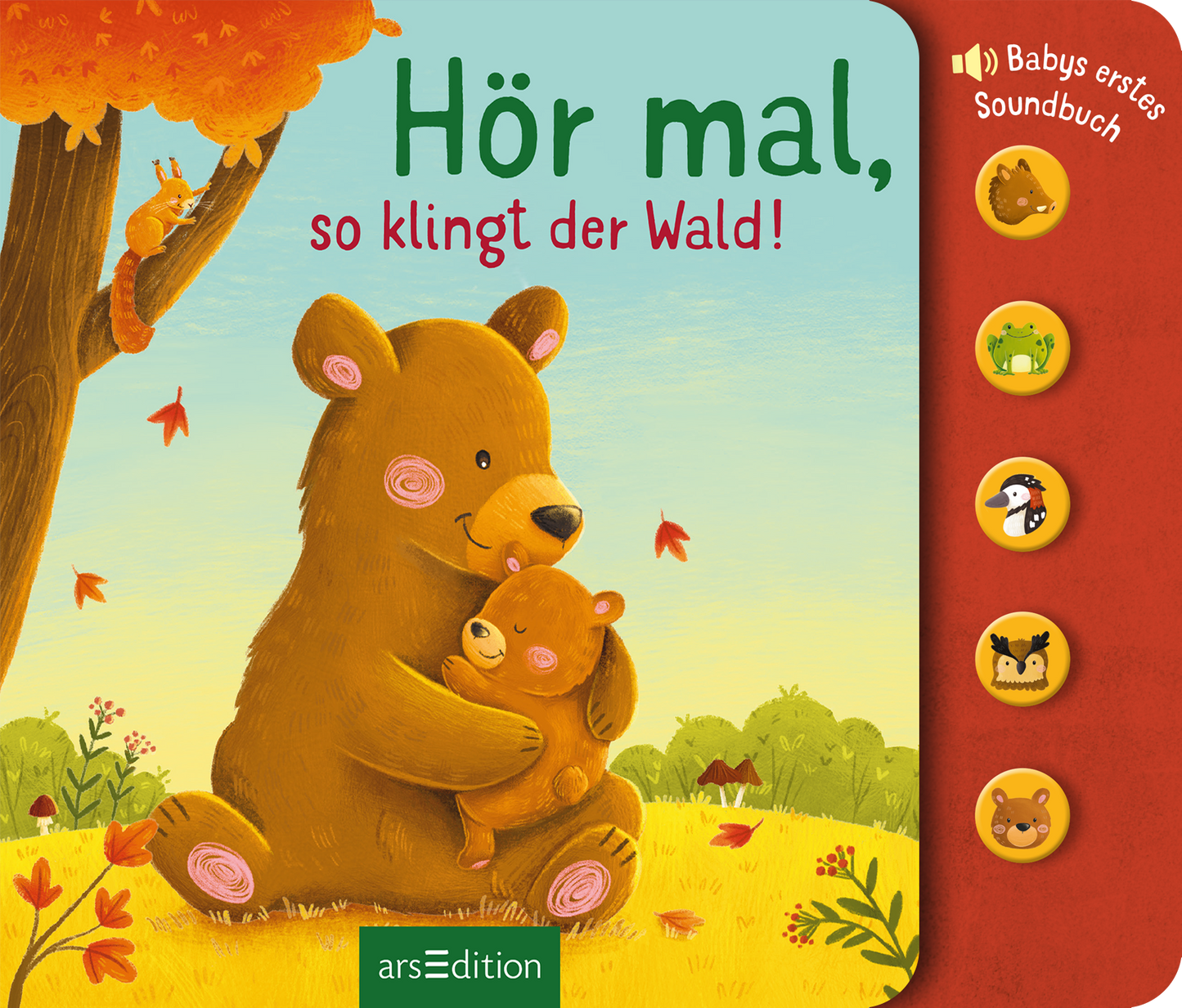 Auf dem Buchcover „Hör mal, so klingt der Wald!“ sind zwei niedliche, braune Bären zu sehen, die sich umarmen. Im Hintergrund steht ein großer, orangefarbener Baum mit bunten Blättern, die herabfallen. Der Himmel ist hellblau und vermittelt eine fröhliche Atmosphäre. Der Titel ist in warmen, grünen Buchstaben geschrieben. Rechts sind sechs runde Symbole abgebildet, die auf Soundfunktionen hinweisen. Ganz unten mittig steht der Logoschriftzug von arsEdition.