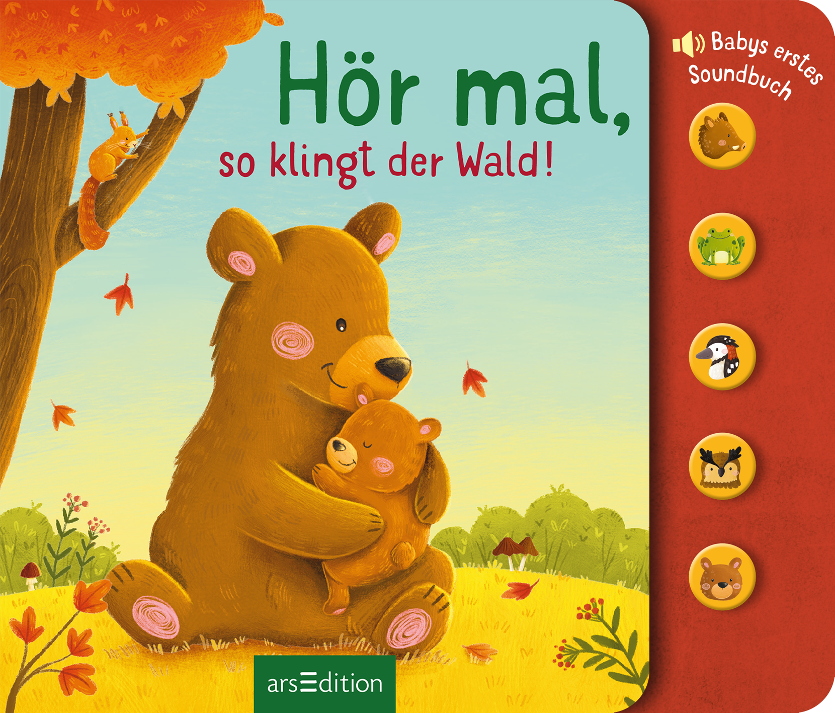 Auf dem Buchcover „Hör mal, so klingt der Wald!“ sind zwei niedliche, braune Bären zu sehen, die sich umarmen. Im Hintergrund steht ein großer, orangefarbener Baum mit bunten Blättern, die herabfallen. Der Himmel ist hellblau und vermittelt eine fröhliche Atmosphäre. Der Titel ist in warmen, grünen Buchstaben geschrieben. Rechts sind sechs runde Symbole abgebildet, die auf Soundfunktionen hinweisen. Ganz unten mittig steht der Logoschriftzug von arsEdition.