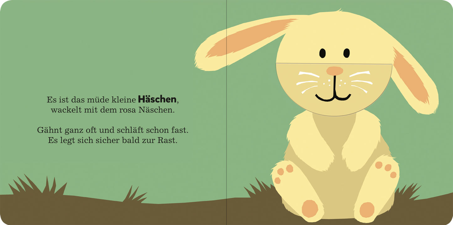 Gezeigt wird eine Innen- oder Zusatzansicht von „Alle müssen gähnen“. Das Bild zeigt ein niedliches, gelbes Hasenmotiv mit einem rosa Näschen. Der Hase sitzt auf einem grünen Hintergrund und blickt freundlich. Links ist der Text in klarer, gut lesbarer Schrift platziert, der die Geschichte des müden Hasen beschreibt. Die Farben sind sanft und harmonisch, was eine beruhigende Atmosphäre schafft.