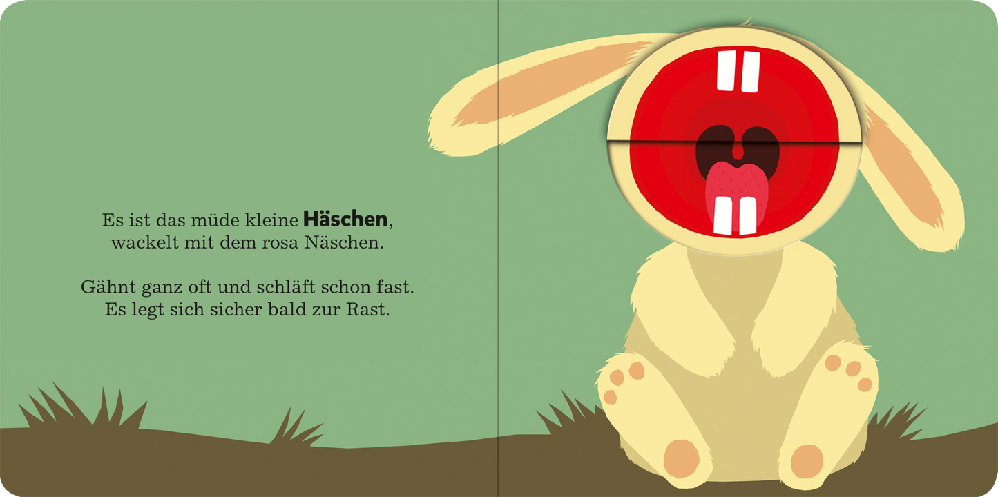 Gezeigt wird eine Innen- oder Zusatzansicht von „Alle müssen gähnen“. Die Illustration zeigt ein müdes, lächelndes Häuschen mit einem rosa Näschen, das im Vordergrund sitzt. Der Hintergrund ist in einem sanften Grünton gehalten. Links neben dem Häuschen steht der Text in einer gut lesbaren, kindgerechten Schrift, die die Farben Schwarz und Hellblau verwendet. Der Text beschreibt das Verhalten des Häschens und fördert das Einschlafen.