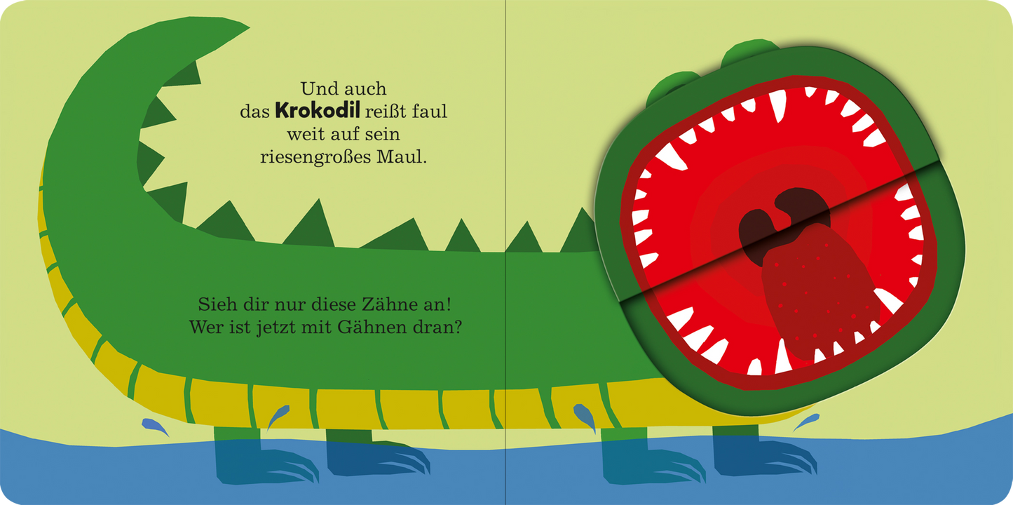 Gezeigt wird eine Innen- oder Zusatzansicht von „Alle müssen gähnen“. Die Illustration zeigt ein buntes Krokodil in kräftigen Farben von Grün und Rot. Das Maul des Krokodils ist weit geöffnet, um seine großen, spitzen Zähne zu präsentieren. Über dem Krokodil steht in größeren, grünen Buchstaben der Text: „Und auch das Krokodil reißt faul weit auf sein riesengroßes Maul.“ Unten steht in kleinerer Schrift: „Sieh dir nur diese Zähne an! Wer ist jetzt mit Gähnen dran?“