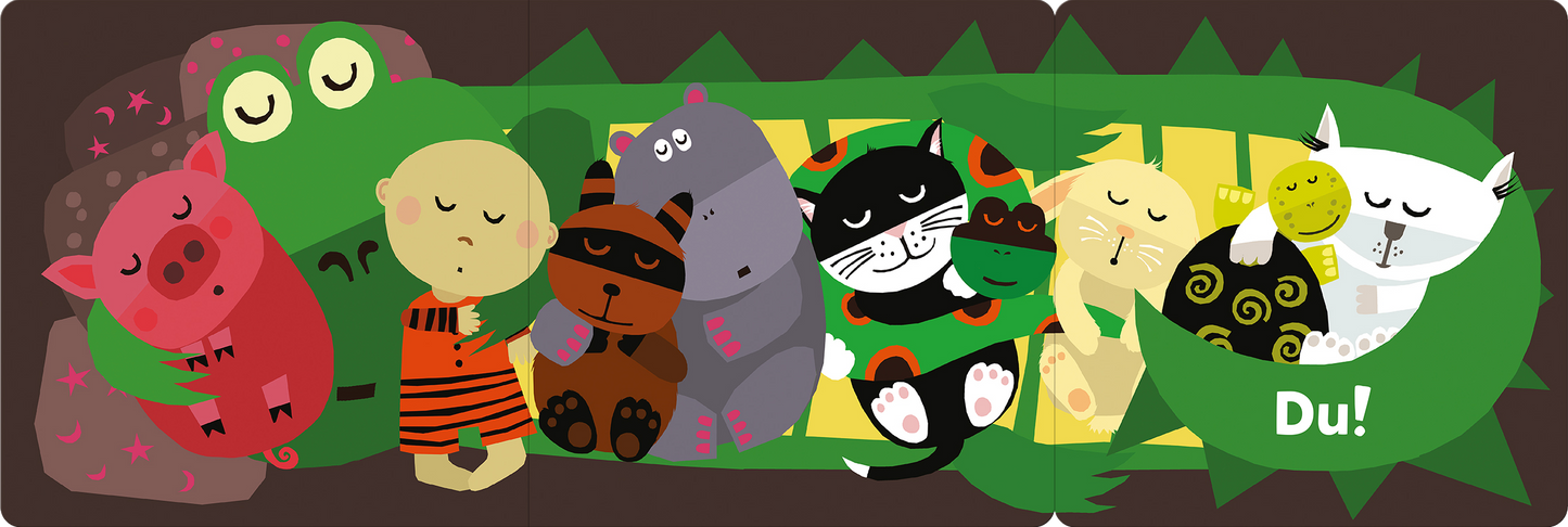 Gezeigt wird eine Innen- oder Zusatzansicht von „Alle müssen gähnen“. Die Illustration zeigt eine Gruppe von schlafenden Tieren und einem kleinen Kind in einer bunten, freundlichen Umgebung. Die Hauptfiguren, ein grüner Frosch, ein rotes Schwein, ein graues Nilpferd und eine schwarze Katze, sind in sanften, pastelligen Farben gestaltet. Die Typografie ist spielerisch und ansprechend, mit dem Wort „Du!“ in auffälliger Schrift in der rechten unteren Ecke.