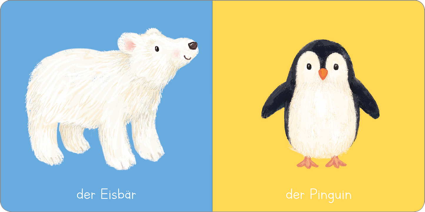Gezeigt wird eine Innen- oder Zusatzansicht von „Meine Tiere“. Auf der linken Seite wird ein fröhlicher, weißer Eisbär auf einem hellblauen Hintergrund dargestellt. Der Eisbär hat einen lächelnden Gesichtsausdruck und eine verspielte Haltung. Auf der rechten Seite ist ein niedlicher Pinguin zu sehen, der vor einem gelben Hintergrund steht. Der Pinguin ist schwarz-weiß gefärbt und hebt eine Flosse leicht an. Unter beiden Tieren wird jeweils der Text „der Eisbär“ und „der...