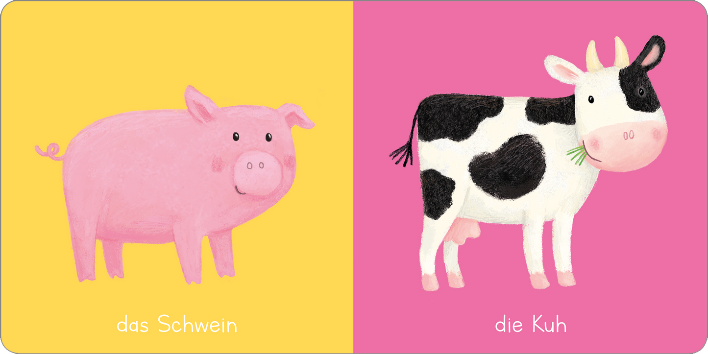 Gezeigt wird eine Innen- oder Zusatzansicht von „Mein Bauernhof“. Auf der linken Seite ist ein rosa Schwein vor einem gelben Hintergrund abgebildet, darunter steht in freundlicher, weißer Schrift „das Schwein“. Auf der rechten Seite ist eine schwarz-weiße Kuh vor einem pinken Hintergrund zu sehen, darunter steht in ähnlicher Schrift „die Kuh“. Die Illustrationen sind kindgerecht und freundlich gestaltet, mit runden Formen und sanften Farben.